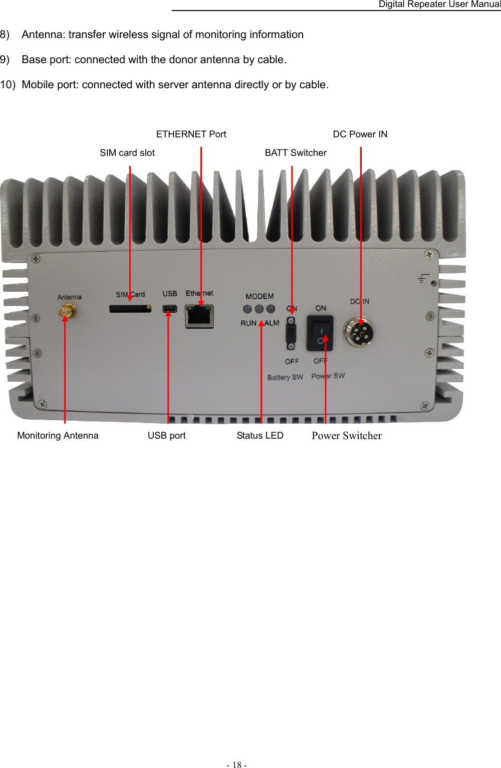    Digital Repeater User Manual  - 18 -   8)  Antenna: transfer wireless signal of monitoring information 9)  Base port: connected with the donor antenna by cable. 10)  Mobile port: connected with server antenna directly or by cable.     ETHERNET Port Monitoring Antenna  Status LED SIM card slot USB port  Power Switcher DC Power IN BATT Switcher 