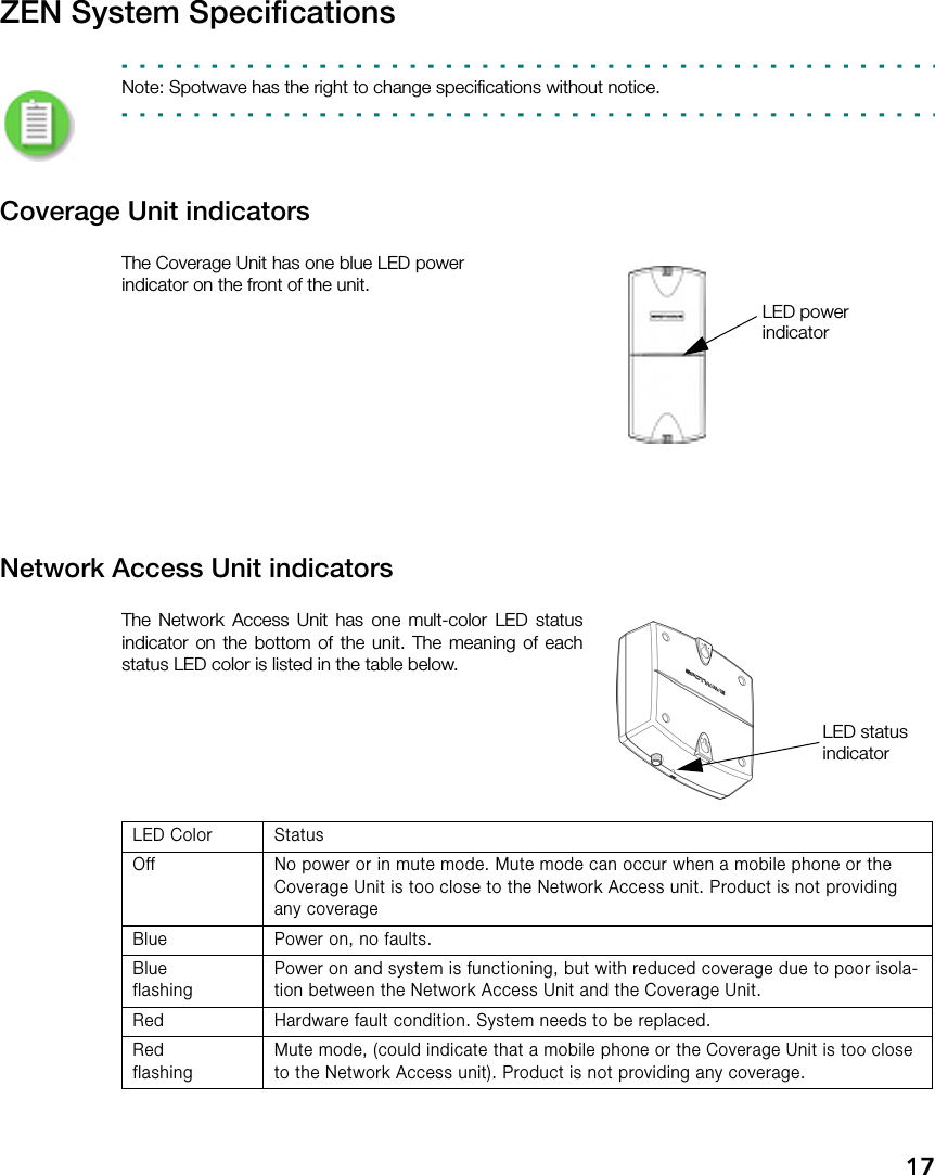 17ZEN System SpecificationsNote: Spotwave has the right to change specifications without notice.Coverage Unit indicatorsThe Coverage Unit has one blue LED powerindicator on the front of the unit.Network Access Unit indicatorsThe Network Access Unit has one mult-color LED statusindicator on the bottom of the unit. The meaning of eachstatus LED color is listed in the table below.LED powerindicatorLED Color StatusOff No power or in mute mode. Mute mode can occur when a mobile phone or the Coverage Unit is too close to the Network Access unit. Product is not providing any coverageBlue Power on, no faults.BlueflashingPower on and system is functioning, but with reduced coverage due to poor isola-tion between the Network Access Unit and the Coverage Unit.Red Hardware fault condition. System needs to be replaced.RedflashingMute mode, (could indicate that a mobile phone or the Coverage Unit is too close to the Network Access unit). Product is not providing any coverage.LED statusindicator