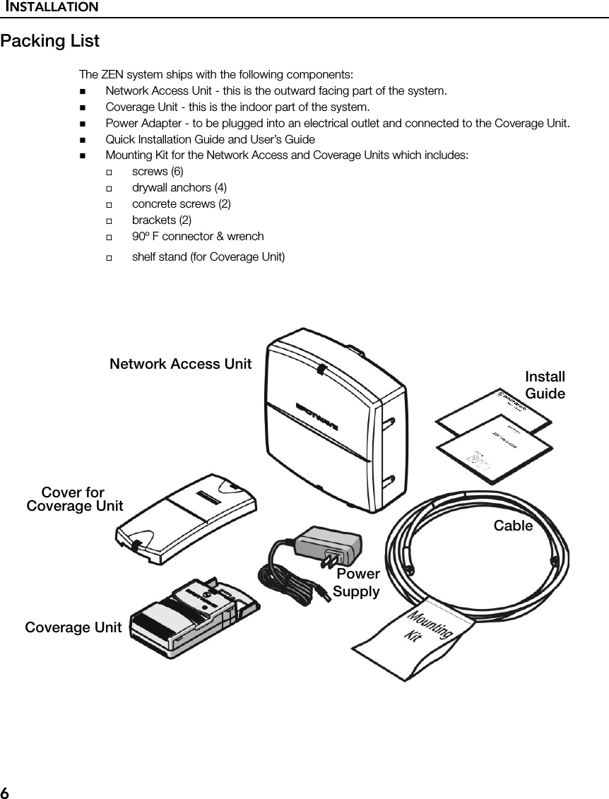 INSTALLATION6Packing ListThe ZEN system ships with the following components:Network Access Unit - this is the outward facing part of the system. Coverage Unit - this is the indoor part of the system. Power Adapter - to be plugged into an electrical outlet and connected to the Coverage Unit.Quick Installation Guide and User’s GuideMounting Kit for the Network Access and Coverage Units which includes:screws (6)drywall anchors (4)concrete screws (2)brackets (2)90º F connector &amp; wrenchshelf stand (for Coverage Unit)  Coverage UnitNetwork Access UnitPowerSupplyInstallGuideCover forCoverage UnitCable