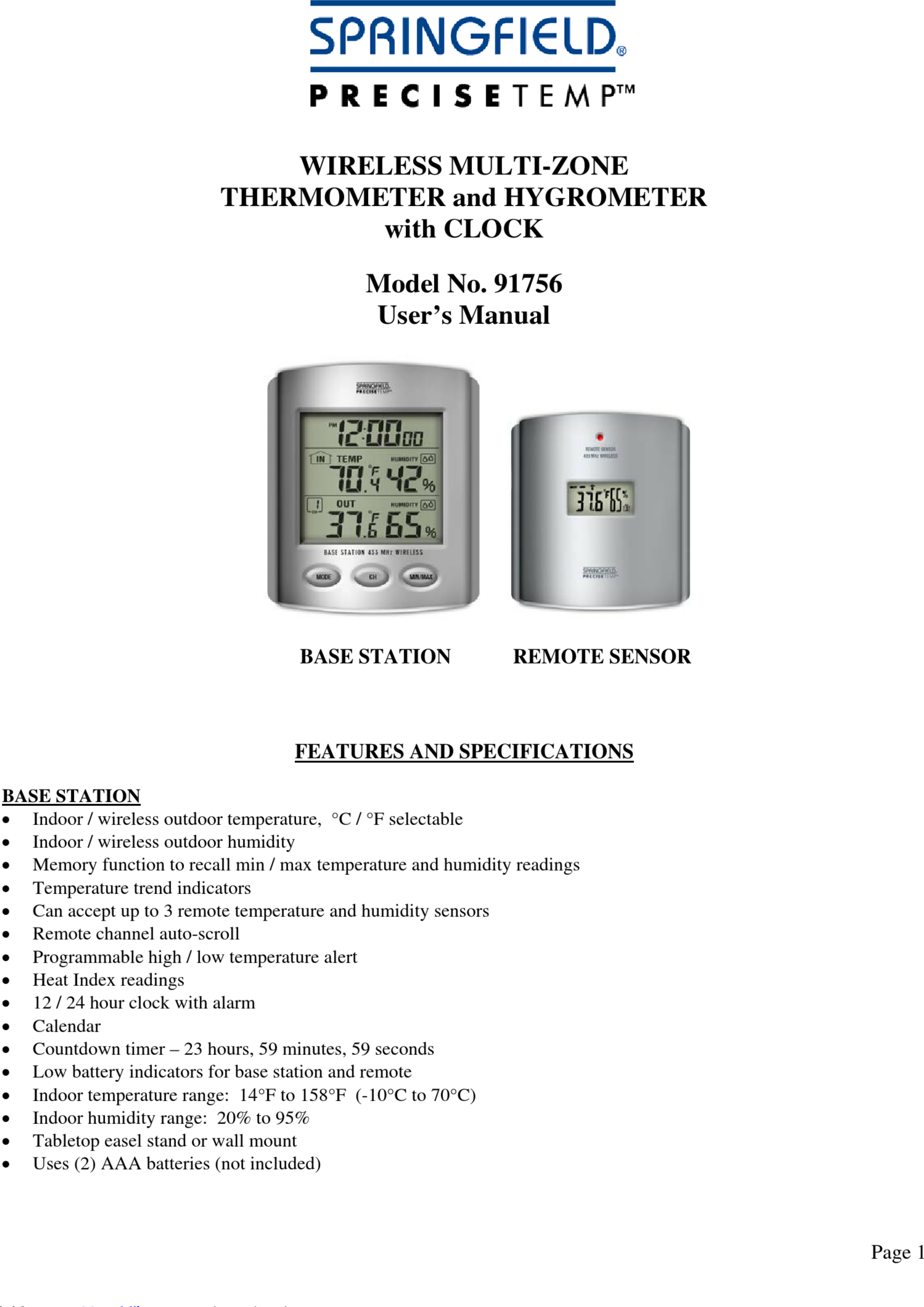 Page 1 of 6 - Springfield Springfield-Precisetemp-91756-User-Manual-1002901 User Manual