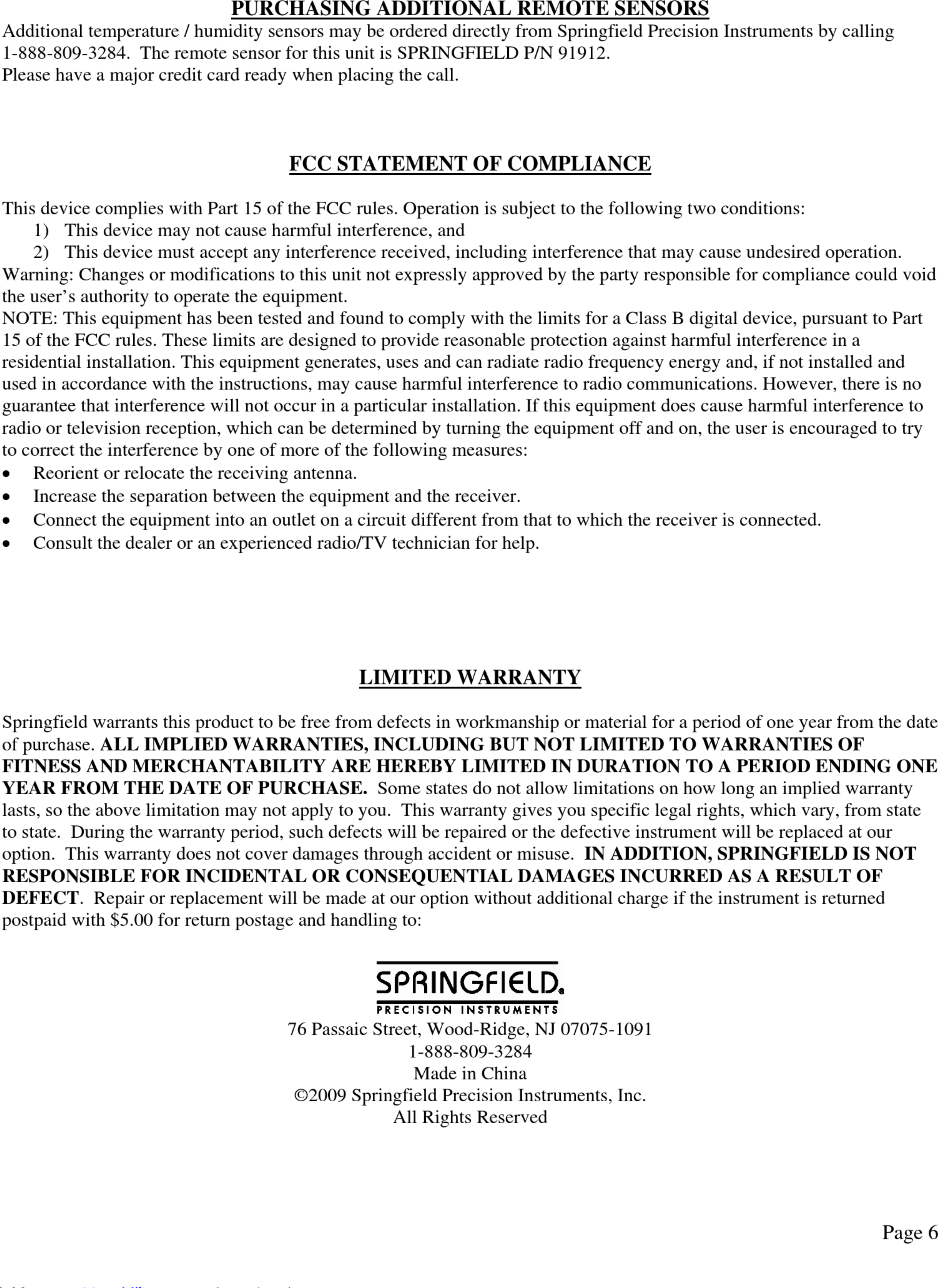 Page 6 of 6 - Springfield Springfield-Precisetemp-91756-User-Manual-1002901 User Manual