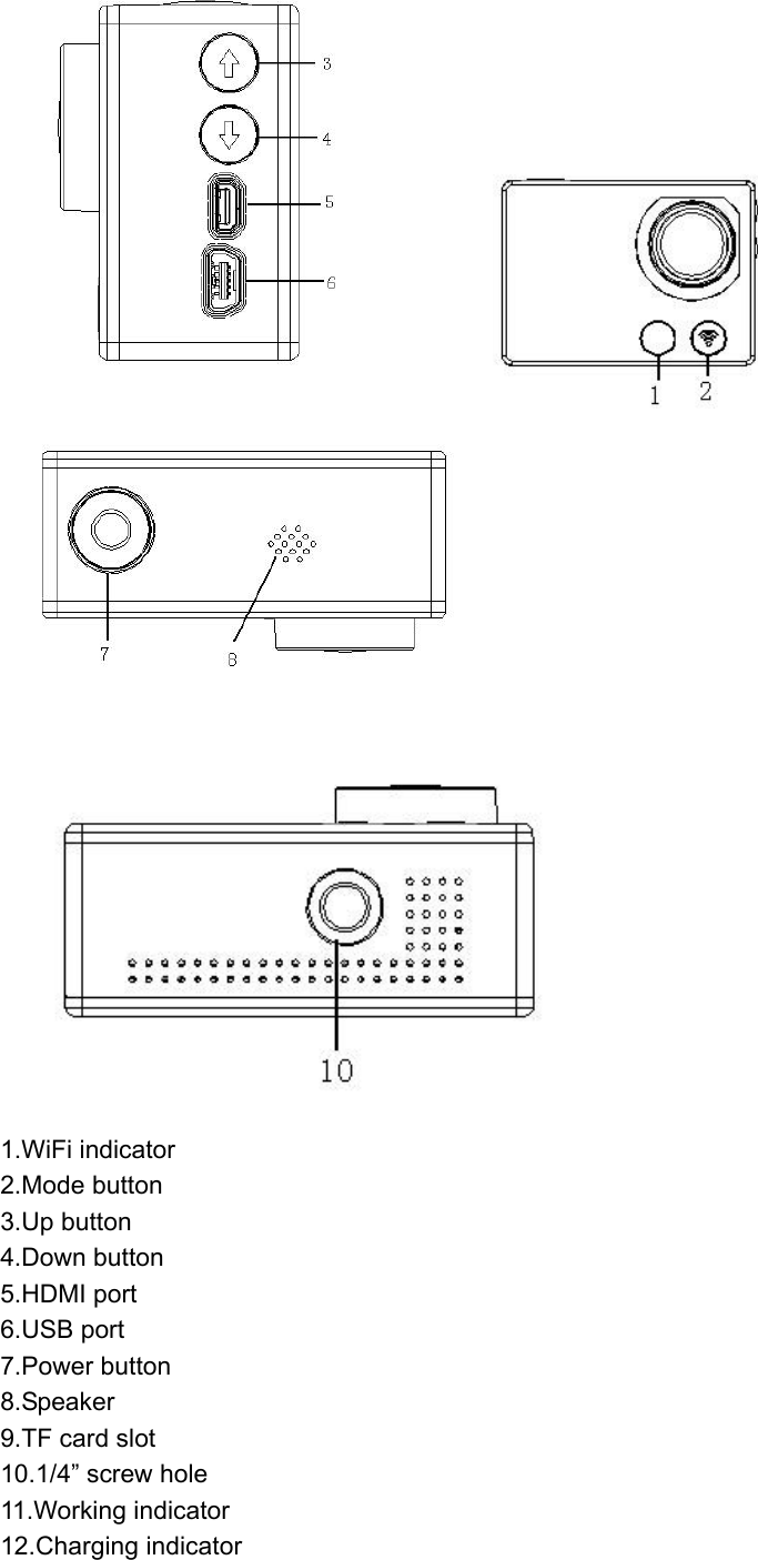             1.WiFi indicator             2.Mode button 3.Up button 4.Down button                  5.HDMI port 6.USB port 7.Power button 8.Speaker 9.TF card slot 10.1/4” screw hole 11.Working indicator 12.Charging indicator 