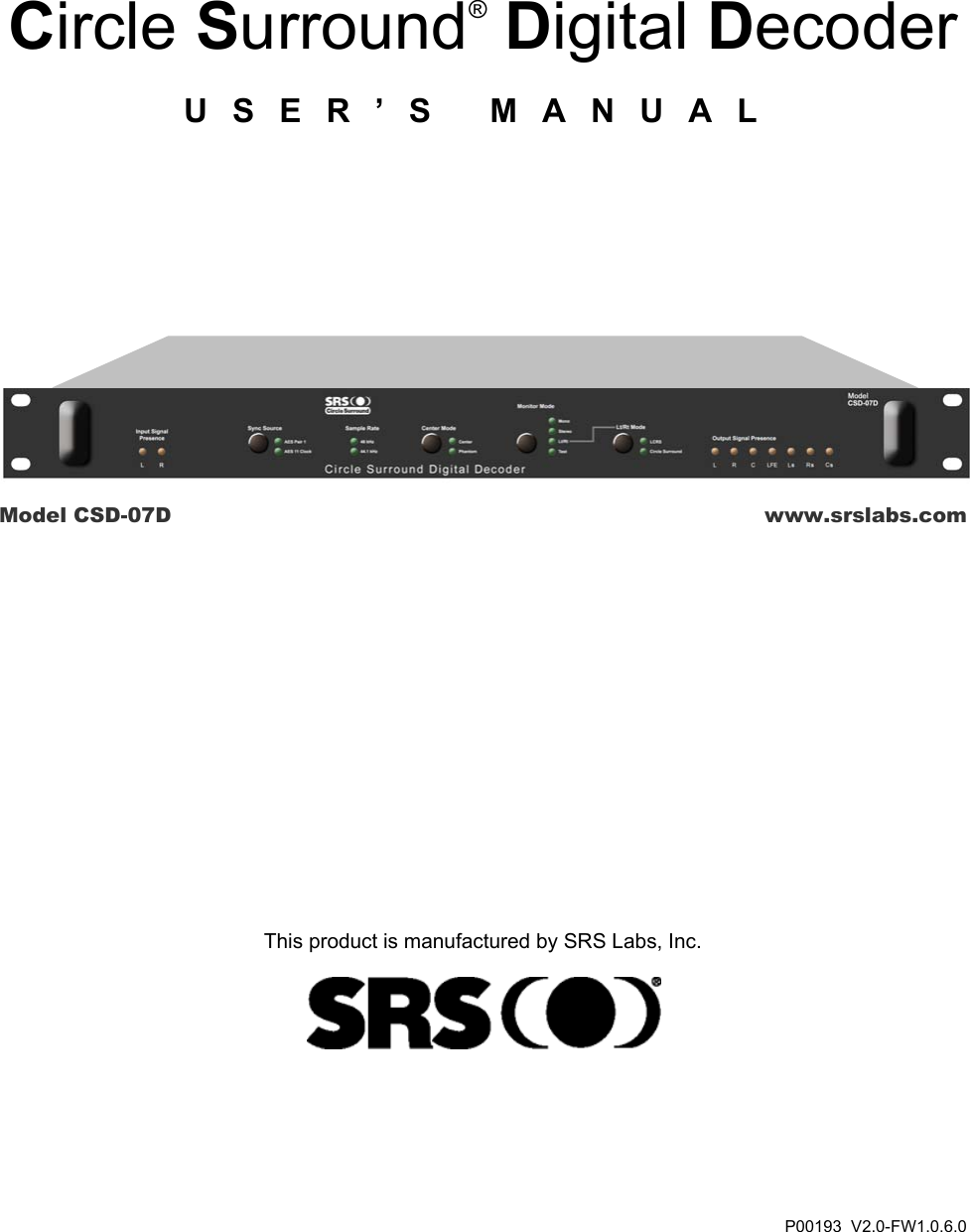 Srs Labs Csd 07D Users Manual