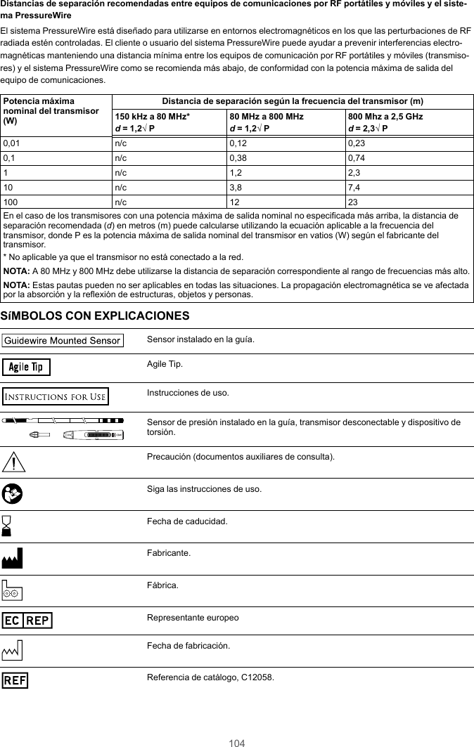 104Distancias de separación recomendadas entre equipos de comunicaciones por RF portátiles y móviles y el siste-ma PressureWireEl sistema PressureWire está diseñado para utilizarse en entornos electromagnéticos en los que las perturbaciones de RFradiada estén controladas. El cliente o usuario del sistema PressureWire puede ayudar a prevenir interferencias electro-magnéticas manteniendo una distancia mínima entre los equipos de comunicación por RF portátiles y móviles (transmiso-res) y el sistema PressureWire como se recomienda más abajo, de conformidad con la potencia máxima de salida delequipo de comunicaciones.Potencia máximanominal del transmisor(W)Distancia de separación según la frecuencia del transmisor (m)150 kHz a 80 MHz*d= 1,2√ P80 MHz a 800 MHzd= 1,2√ P800 Mhz a 2,5 GHzd= 2,3√ P0,01 n/c 0,12 0,230,1 n/c 0,38 0,741 n/c 1,2 2,310 n/c 3,8 7,4100 n/c 12 23En el caso de los transmisores con una potencia máxima de salida nominal no especificada más arriba, la distancia deseparación recomendada (d) en metros (m) puede calcularse utilizando la ecuación aplicable a la frecuencia deltransmisor, donde P es la potencia máxima de salida nominal del transmisor en vatios (W) según el fabricante deltransmisor.* No aplicable ya que el transmisor no está conectado a la red.NOTA: A 80 MHz y 800 MHz debe utilizarse la distancia de separación correspondiente al rango de frecuencias más alto.NOTA: Estas pautas pueden no ser aplicables en todas las situaciones. La propagación electromagnética se ve afectadapor la absorción y la reflexión de estructuras, objetos y personas.SíMBOLOS CON EXPLICACIONESGuidew ire Mounted SensorSensor instalado en la guía.Agile TipAgile Tip.Instrucciones de uso.TMSensor de presión instalado en la guía, transmisor desconectable y dispositivo detorsión.Precaución (documentos auxiliares de consulta).Siga las instrucciones de uso.Fecha de caducidad.Fabricante.Fábrica.EC REPRepresentante europeoFecha de fabricación.REFReferencia de catálogo, C12058.