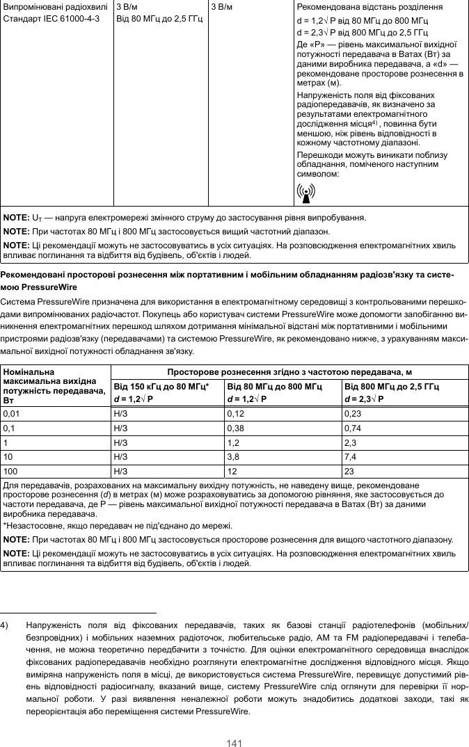 141Випромінювані радіохвиліСтандарт IEC 61000-4-33 В/мВід 80 МГц до 2,5 ГГц3 В/м Рекомендована відстань розділенняd = 1,2√ P від 80 МГц до 800 МГцd = 2,3√ P від 800 МГц до 2,5 ГГцДе «P» — рівень максимальної вихідноїпотужності передавача в Ватах (Вт) заданими виробника передавача, а «d» —рекомендоване просторове рознесення вметрах (м).Напруженість поля від фіксованихрадіопередавачів, як визначено зарезультатами електромагнітногодослідження місця4) , повинна бутименшою, ніж рівень відповідності вкожному частотному діапазоні.Перешкоди можуть виникати поблизуобладнання, поміченого наступнимсимволом:NOTE: UT— напруга електромережі змінного струму до застосування рівня випробування.NOTE: При частотах 80 МГц і 800 МГц застосовується вищий частотний діапазон.NOTE: Ці рекомендації можуть не застосовуватись в усіх ситуаціях. На розповсюдження електромагнітних хвильвпливає поглинання та відбиття від будівель, об&apos;єктів і людей.Рекомендовані просторові рознесення між портативним і мобільним обладнанням радіозв&apos;язку та систе-мою PressureWireСистема PressureWire призначена для використання в електромагнітному середовищі з контрольованими перешко-дами випромінюваних радіочастот. Покупець або користувач системи PressureWire може допомогти запобіганню ви-никнення електромагнітних перешкод шляхом дотримання мінімальної відстані між портативними і мобільнимипристроями радіозв&apos;язку (передавачами) та системою PressureWire, як рекомендовано нижче, з урахуванням макси-мальної вихідної потужності обладнання зв&apos;язку.Номінальнамаксимальна вихіднапотужність передавача,ВтПросторове рознесення згідно з частотою передавача, мВід 150 кГц до 80 МГц*d= 1,2√ PВід 80 МГц до 800 МГцd= 1,2√ PВід 800 МГц до 2,5 ГГцd= 2,3√ P0,01 Н/З 0,12 0,230,1 Н/З 0,38 0,741 Н/З 1,2 2,310 Н/З 3,8 7,4100 Н/З 12 23Для передавачів, розрахованих на максимальну вихідну потужність, не наведену вище, рекомендованепросторове рознесення (d) в метрах (м) може розраховуватись за допомогою рівняння, яке застосовується дочастоти передавача, де P — рівень максимальної вихідної потужності передавача в Ватах (Вт) за данимивиробника передавача.*Незастосовне, якщо передавач не під&apos;єднано до мережі.NOTE: При частотах 80 МГц і 800 МГц застосовується просторове рознесення для вищого частотного діапазону.NOTE: Ці рекомендації можуть не застосовуватись в усіх ситуаціях. На розповсюдження електромагнітних хвильвпливає поглинання та відбиття від будівель, об&apos;єктів і людей.4) Напруженість поля від фіксованих передавачів, таких як базові станції радіотелефонів (мобільних/безпровідних) і мобільних наземних радіоточок, любительське радіо, AM та FM радіопередавачі і телеба-чення, не можна теоретично передбачити з точністю. Для оцінки електромагнітного середовища внаслідокфіксованих радіопередавачів необхідно розглянути електромагнітне дослідження відповідного місця. Якщовиміряна напруженість поля в місці, де використовується система PressureWire, перевищує допустимий рів-ень відповідності радіосигналу, вказаний вище, систему PressureWire слід оглянути для перевірки її нор-мальної роботи. У разі виявлення неналежної роботи можуть знадобитись додаткові заходи, такі якпереорієнтація або переміщення системи PressureWire.