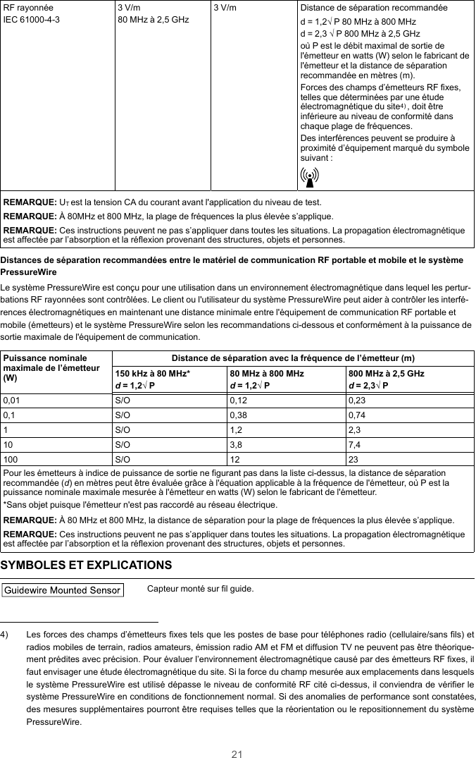 21RF rayonnéeIEC 61000-4-33 V/m80 MHz à 2,5 GHz3 V/m Distance de séparation recommandéed = 1,2√ P 80 MHz à 800 MHzd = 2,3 √ P 800 MHz à 2,5 GHzoù P est le débit maximal de sortie del&apos;émetteur en watts (W) selon le fabricant del&apos;émetteur et la distance de séparationrecommandée en mètres (m).Forces des champs d’émetteurs RF fixes,telles que déterminées par une étudeélectromagnétique du site4) , doit êtreinférieure au niveau de conformité danschaque plage de fréquences.Des interférences peuvent se produire àproximité d’équipement marqué du symbolesuivant :REMARQUE: UTest la tension CA du courant avant l&apos;application du niveau de test.REMARQUE: À 80MHz et 800 MHz, la plage de fréquences la plus élevée s’applique.REMARQUE: Ces instructions peuvent ne pas s’appliquer dans toutes les situations. La propagation électromagnétiqueest affectée par l’absorption et la réflexion provenant des structures, objets et personnes.Distances de séparation recommandées entre le matériel de communication RF portable et mobile et le systèmePressureWireLe système PressureWire est conçu pour une utilisation dans un environnement électromagnétique dans lequel les pertur-bations RF rayonnées sont contrôlées. Le client ou l&apos;utilisateur du système PressureWire peut aider à contrôler les interfé-rences électromagnétiques en maintenant une distance minimale entre l&apos;équipement de communication RF portable etmobile (émetteurs) et le système PressureWire selon les recommandations ci-dessous et conformément à la puissance desortie maximale de l&apos;équipement de communication.Puissance nominalemaximale de l’émetteur(W)Distance de séparation avec la fréquence de l’émetteur (m)150 kHz à 80 MHz*d= 1,2√ P80 MHz à 800 MHzd= 1,2√ P800 MHz à 2,5 GHzd= 2,3√ P0,01 S/O 0,12 0,230,1 S/O 0,38 0,741 S/O 1,2 2,310 S/O 3,8 7,4100 S/O 12 23Pour les émetteurs à indice de puissance de sortie ne figurant pas dans la liste ci-dessus, la distance de séparationrecommandée (d) en mètres peut être évaluée grâce à l&apos;équation applicable à la fréquence de l&apos;émetteur, où P est lapuissance nominale maximale mesurée à l&apos;émetteur en watts (W) selon le fabricant de l&apos;émetteur.*Sans objet puisque l&apos;émetteur n&apos;est pas raccordé au réseau électrique.REMARQUE: À 80 MHz et 800 MHz, la distance de séparation pour la plage de fréquences la plus élevée s’applique.REMARQUE: Ces instructions peuvent ne pas s’appliquer dans toutes les situations. La propagation électromagnétiqueest affectée par l’absorption et la réflexion provenant des structures, objets et personnes.SYMBOLES ET EXPLICATIONSGuidew ire Mounted SensorCapteur monté sur fil guide.4) Les forces des champs d’émetteurs fixes tels que les postes de base pour téléphones radio (cellulaire/sans fils) etradios mobiles de terrain, radios amateurs, émission radio AM et FM et diffusion TV ne peuvent pas être théorique-ment prédites avec précision. Pour évaluer l’environnement électromagnétique causé par des émetteurs RF fixes, ilfaut envisager une étude électromagnétique du site. Si la force du champ mesurée aux emplacements dans lesquelsle système PressureWire est utilisé dépasse le niveau de conformité RF cité ci-dessus, il conviendra de vérifier lesystème PressureWire en conditions de fonctionnement normal. Si des anomalies de performance sont constatées,des mesures supplémentaires pourront être requises telles que la réorientation ou le repositionnement du systèmePressureWire.