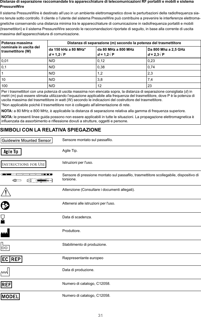 31Distanze di separazione raccomandate tra apparecchiature di telecomunicazioni RF portatili e mobili e sistemaPressureWireIl sistema PressureWire è destinato all’uso in un ambiente elettromagnetico dove le perturbazioni della radiofrequenza sia-no tenute sotto controllo. Il cliente o l’utente del sistema PressureWire può contribuire a prevenire le interferenze elettroma-gnetiche conservando una distanza minima tra le apparecchiature di comunicazione in radiofrequenza portatili e mobili(trasmettitori) e il sistema PressureWire secondo le raccomandazioni riportate di seguito, in base alla corrente di uscitamassima dell’apparecchiatura di comunicazione.Potenza massimanominale in uscita deltrasmettitore (W)Distanza di separazione (m) secondo la potenza del trasmettitoreda 150 kHz a 80 MHz*d= 1,2√ Pda 80 MHz a 800 MHzd= 1,2√ PDa 800 Mhz a 2,5 GHzd= 2,3√ P0,01 N/D 0,12 0,230,1 N/D 0,38 0,741 N/D 1,2 2,310 N/D 3,8 7,4100 N/D 12 23Per i trasmettitori con una potenza di uscita massima non elencata sopra, la distanza di separazione consigliata (d) inmetri (m) può essere stimata utilizzando l’equazione applicabile alla frequenza del trasmettitore, dove P è la potenza diuscita massima del trasmettitore in watt (W) secondo le indicazioni del costruttore del trasmettitore.*Non applicabile poiché il trasmettitore non è collegato all&apos;alimentazione di rete.NOTA: a 80 MHz e 800 MHz, è applicabile la distanza di separazione relativa alla gamma di frequenza superiore.NOTA: le presenti linee guida possono non essere applicabili in tutte le situazioni. La propagazione elettromagnetica èinfluenzata da assorbimento e riflessione dovuti a strutture, oggetti e persone.SIMBOLI CON LA RELATIVA SPIEGAZIONEGuidew ire Mounted SensorSensore montato sul passafilo.Agile TipAgile Tip.Istruzioni per l&apos;uso.TMSensore di pressione montato sul passafilo, trasmettitore scollegabile, dispositivo ditorsione.Attenzione (Consultare i documenti allegati).Attenersi alle istruzioni per l&apos;uso.Data di scadenza.Produttore.Stabilimento di produzione.EC REPRappresentante europeoData di produzione.REFNumero di catalogo, C12058.MODELNumero di catalogo, C12058.