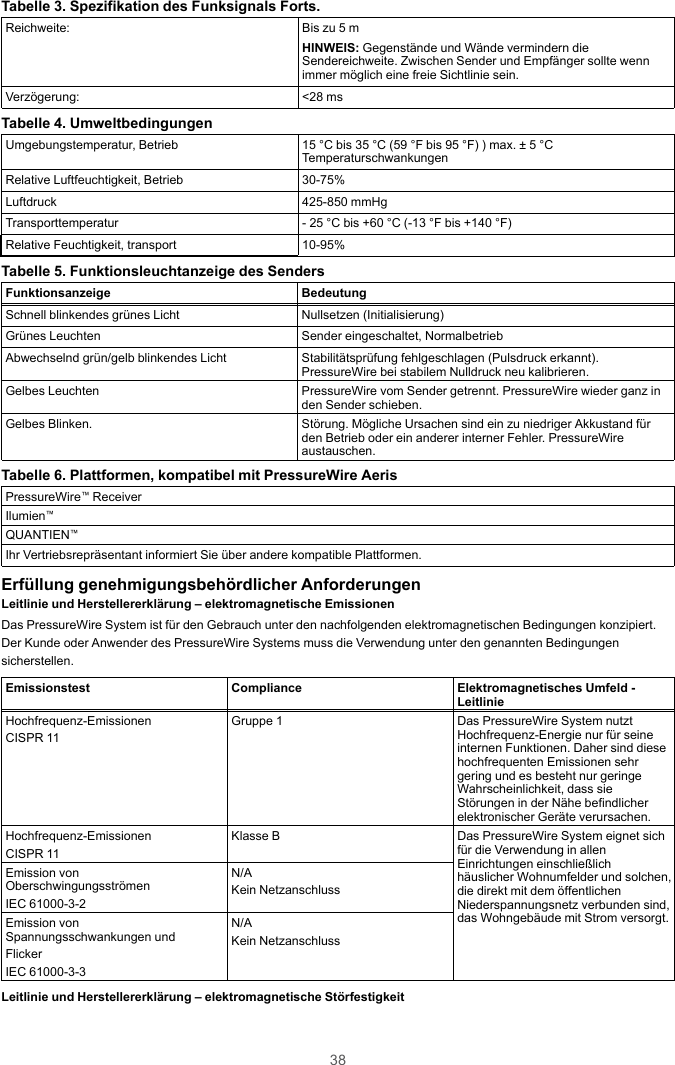 38Tabelle 3. Spezifikation des Funksignals Forts.Reichweite: Bis zu 5 mHINWEIS: Gegenstände und Wände vermindern dieSendereichweite. Zwischen Sender und Empfänger sollte wennimmer möglich eine freie Sichtlinie sein.Verzögerung: &lt;28 msTabelle 4. UmweltbedingungenUmgebungstemperatur, Betrieb 15 °C bis 35 °C (59 °F bis 95 °F) ) max. ± 5 °CTemperaturschwankungenRelative Luftfeuchtigkeit, Betrieb 30-75%Luftdruck 425-850 mmHgTransporttemperatur - 25 °C bis +60 °C (-13 °F bis +140 °F)Relative Feuchtigkeit, transport 10-95%Tabelle 5. Funktionsleuchtanzeige des SendersFunktionsanzeige BedeutungSchnell blinkendes grünes Licht Nullsetzen (Initialisierung)Grünes Leuchten Sender eingeschaltet, NormalbetriebAbwechselnd grün/gelb blinkendes Licht Stabilitätsprüfung fehlgeschlagen (Pulsdruck erkannt).PressureWire bei stabilem Nulldruck neu kalibrieren.Gelbes Leuchten PressureWire vom Sender getrennt. PressureWire wieder ganz inden Sender schieben.Gelbes Blinken. Störung. Mögliche Ursachen sind ein zu niedriger Akkustand fürden Betrieb oder ein anderer interner Fehler. PressureWireaustauschen.Tabelle 6. Plattformen, kompatibel mit PressureWire AerisPressureWire™ReceiverIlumien™QUANTIEN™Ihr Vertriebsrepräsentant informiert Sie über andere kompatible Plattformen.Erfüllung genehmigungsbehördlicher AnforderungenLeitlinie und Herstellererklärung – elektromagnetische EmissionenDas PressureWire System ist für den Gebrauch unter den nachfolgenden elektromagnetischen Bedingungen konzipiert.Der Kunde oder Anwender des PressureWire Systems muss die Verwendung unter den genannten Bedingungensicherstellen.Emissionstest Compliance Elektromagnetisches Umfeld -LeitlinieHochfrequenz-EmissionenCISPR 11Gruppe 1 Das PressureWire System nutztHochfrequenz-Energie nur für seineinternen Funktionen. Daher sind diesehochfrequenten Emissionen sehrgering und es besteht nur geringeWahrscheinlichkeit, dass sieStörungen in der Nähe befindlicherelektronischer Geräte verursachen.Hochfrequenz-EmissionenCISPR 11Klasse B Das PressureWire System eignet sichfür die Verwendung in allenEinrichtungen einschließlichhäuslicher Wohnumfelder und solchen,die direkt mit dem öffentlichenNiederspannungsnetz verbunden sind,das Wohngebäude mit Strom versorgt.Emission vonOberschwingungsströmenIEC 61000-3-2N/AKein NetzanschlussEmission vonSpannungsschwankungen undFlickerIEC 61000-3-3N/AKein NetzanschlussLeitlinie und Herstellererklärung – elektromagnetische Störfestigkeit