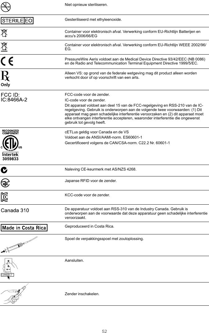 52STERILIZENiet opnieuw steriliseren.STE RILE EOGesteriliseerd met ethyleenoxide.Container voor elektronisch afval. Verwerking conform EU-Richtlijn Batterijen enaccu&apos;s 2006/66/EGContainer voor elektronisch afval. Verwerking conform EU-Richtlijn WEEE 2002/96/EG.PressureWire Aeris voldoet aan de Medical Device Directive 93/42/EEC (NB 0086)en de Radio and Telecommunication Terminal Equipment Directive 1999/5/EC.Alleen VS: op grond van de federale wetgeving mag dit product alleen wordenverkocht door of op voorschrift van een arts.FCC ID: IC:8466A-2 FCC-code voor de zender.IC-code voor de zender.Dit apparaat voldoet aan deel 15 van de FCC-regelgeving en RSS-210 van de IC-regelgeving. Gebruik is onderworpen aan de volgende twee voorwaarden: (1) Ditapparaat mag geen schadelijke interferentie veroorzaken en (2) dit apparaat moetelke ontvangen interferentie accepteren, waaronder interferentie die ongewenstgebruik tot gevolg heeft.3059 833cETLus geldig voor Canada en de VSVoldoet aan de ANSI/AAMI-norm. ES60601-1Gecertificeerd volgens de CAN/CSA-norm. C22.2 Nr. 60601-1Naleving CE-keurmerk met AS/NZS 4268.Japanse RFID voor de zender.KCC-code voor de zender.Cana da 310De apparatuur voldoet aan RSS-310 van de Industry Canada. Gebruik isonderworpen aan de voorwaarde dat deze apparatuur geen schadelijke interferentieveroorzaakt.Made in  Costa RicaGeproduceerd in Costa Rica.Spoel de verpakkingsspoel met zoutoplossing.CONNECTAansluiten.Zender inschakelen.