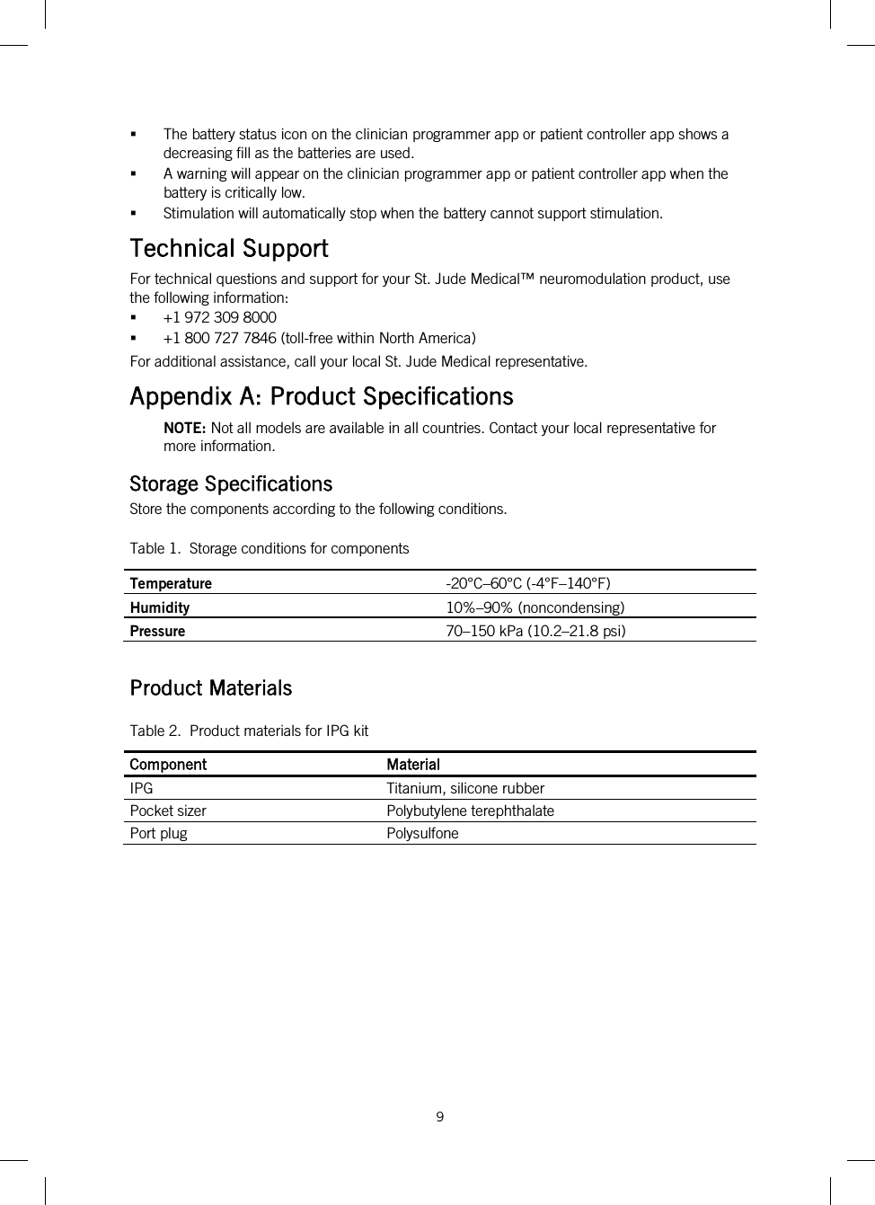 9    The battery status icon on the clinician programmer app or patient controller app shows a decreasing fill as the batteries are used.   A warning will appear on the clinician programmer app or patient controller app when the battery is critically low.   Stimulation will automatically stop when the battery cannot support stimulation. Technical Support For technical questions and support for your St. Jude Medical™ neuromodulation product, use the following information:  +1 972 309 8000  +1 800 727 7846 (toll-free within North America) For additional assistance, call your local St. Jude Medical representative. Appendix A: Product Specifications NOTE: Not all models are available in all countries. Contact your local representative for more information. Storage Specifications Store the components according to the following conditions. Table 1.  Storage conditions for components Temperature -20°C–60°C (-4°F–140°F) Humidity 10%–90% (noncondensing) Pressure 70–150 kPa (10.2–21.8 psi)  Product Materials Table 2.  Product materials for IPG kit Component Material IPG Titanium, silicone rubber Pocket sizer Polybutylene terephthalate Port plug Polysulfone  