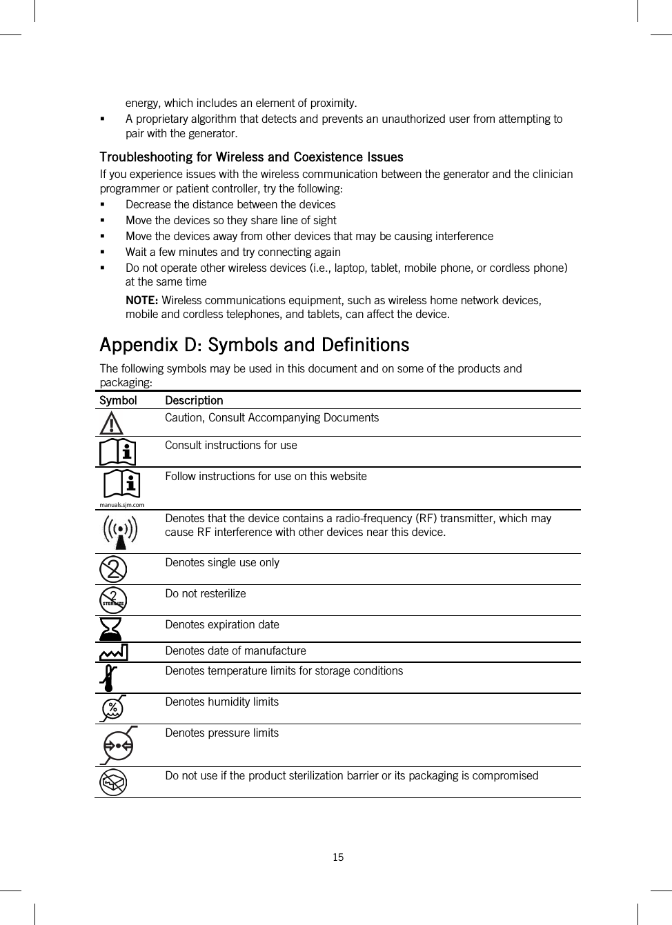  15   energy, which includes an element of proximity.  A proprietary algorithm that detects and prevents an unauthorized user from attempting to pair with the generator. Troubleshooting for Wireless and Coexistence Issues If you experience issues with the wireless communication between the generator and the clinician programmer or patient controller, try the following:  Decrease the distance between the devices  Move the devices so they share line of sight  Move the devices away from other devices that may be causing interference  Wait a few minutes and try connecting again  Do not operate other wireless devices (i.e., laptop, tablet, mobile phone, or cordless phone) at the same time NOTE: Wireless communications equipment, such as wireless home network devices, mobile and cordless telephones, and tablets, can affect the device. Appendix D: Symbols and Definitions The following symbols may be used in this document and on some of the products and packaging: Symbol Description  Caution, Consult Accompanying Documents  Consult instructions for use  Follow instructions for use on this website  Denotes that the device contains a radio-frequency (RF) transmitter, which may cause RF interference with other devices near this device.  Denotes single use only  Do not resterilize  Denotes expiration date  Denotes date of manufacture  Denotes temperature limits for storage conditions  Denotes humidity limits  Denotes pressure limits  Do not use if the product sterilization barrier or its packaging is compromised 