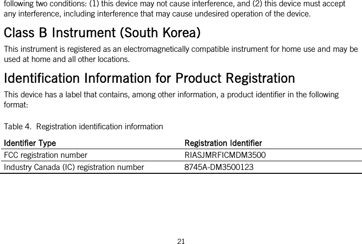 following two conditions: (1) this device may not cause interference, and (2) this device must accept any interference, including interference that may cause undesired operation of the device. Class B Instrument (South Korea) This instrument is registered as an electromagnetically compatible instrument for home use and may be used at home and all other locations. Identification Information for Product Registration This device has a label that contains, among other information, a product identifier in the following format: Table 4.  Registration identification information Identifier Type Registration Identifier FCC registration number RIASJMRFICMDM3500 Industry Canada (IC) registration number 8745A-DM3500123  21   