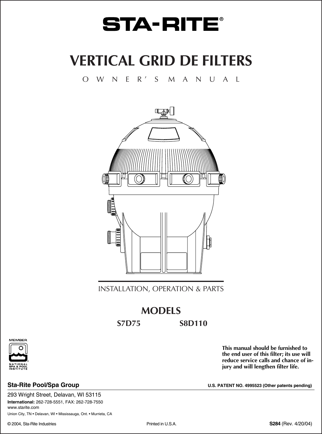 Sta Rite Swimming Pool Filter S7D75 Users Manual S284/Vertical