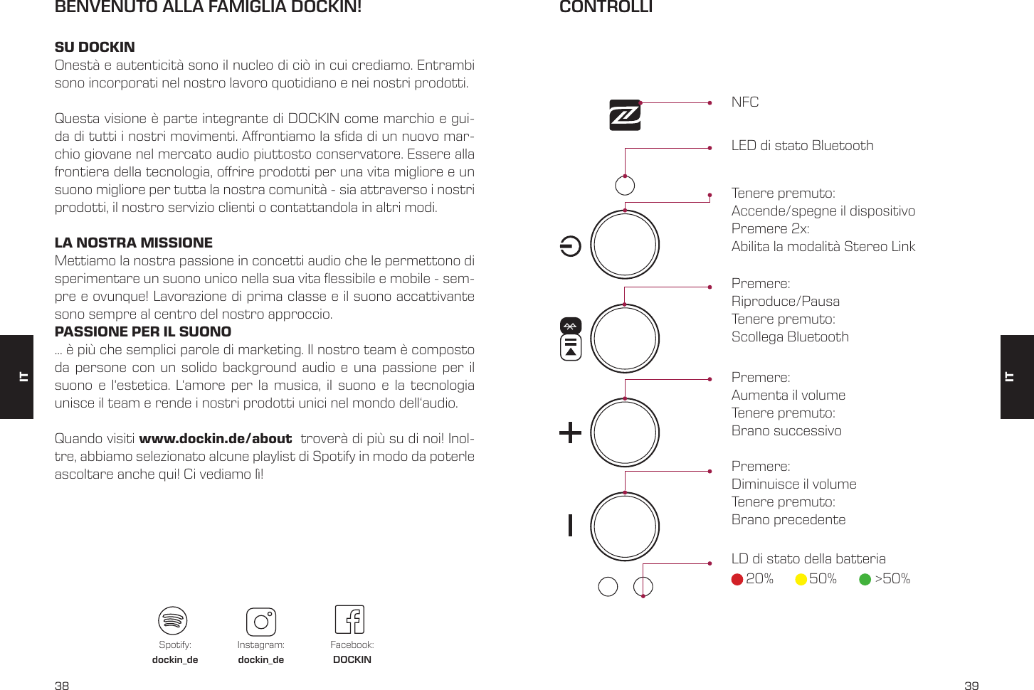 38 39BENVENUTO ALLA FAMIGLIA DOCKIN!SU DOCKINOnest&agrave; e autenticit&agrave; sono il nucleo di ci&ograve; in cui crediamo. Entrambi sono incorporati nel nostro lavoro quotidiano e nei nostri prodotti.Questa visione &egrave; parte integrante di DOCKIN come marchio e gui-da di tutti i nostri movimenti. Arontiamo la sda di un nuovo mar-chio giovane nel mercato audio piuttosto conservatore. Essere alla frontiera della tecnologia, orire prodotti per una vita migliore e un suono migliore per tutta la nostra comunit&agrave; - sia attraverso i nostri prodotti, il nostro servizio clienti o contattandola in altri modi.LA NOSTRA MISSIONEMettiamo la nostra passione in concetti audio che le permettono di sperimentare un suono unico nella sua vita essibile e mobile - sem-pre e ovunque! Lavorazione di prima classe e il suono accattivante sono sempre al centro del nostro approccio.PASSIONE PER IL SUONO... &egrave; pi&ugrave; che semplici parole di marketing. Il nostro team &egrave; composto da persone con un solido background audio e una passione per il suono e l&lsquo;estetica. L&lsquo;amore per la musica, il suono e la tecnologia unisce il team e rende i nostri prodotti unici nel mondo dell&lsquo;audio.Quando visiti www.dockin.de/about  trover&agrave; di pi&ugrave; su di noi! Inol-tre, abbiamo selezionato alcune playlist di Spotify in modo da poterle ascoltare anche qui! Ci vediamo l&igrave;!Spotify:dockin_deInstagram:dockin_deFacebook:DOCKINCONTROLLINFCLED di stato BluetoothTenere premuto: Accende/spegne il dispositivo Premere 2x: Abilita la modalit&agrave; Stereo LinkPremere: Riproduce/PausaTenere premuto: Scollega BluetoothPremere: Aumenta il volumeTenere premuto: Brano successivoPremere: Diminuisce il volumeTenere premuto: Brano precedenteLD di stato della batteria20% 50% >50%ITIT