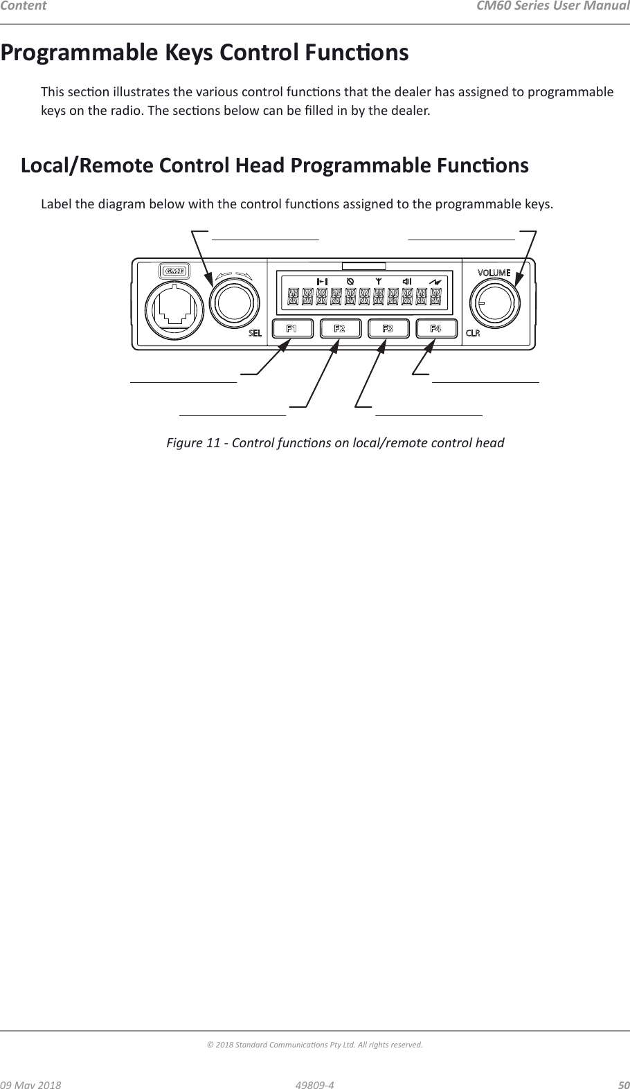 CM60 Series User Manual09 May 2018© 2018 Standard Communicaons Pty Ltd. All rights reserved.5049809-4ContentProgrammable Keys Control Funcons This secon illustrates the various control funcons that the dealer has assigned to programmable keys on the radio. The secons below can be lled in by the dealer.Local/Remote Control Head Programmable FunconsLabel the diagram below with the control funcons assigned to the programmable keys.Figure 11 - Control funcons on local/remote control head