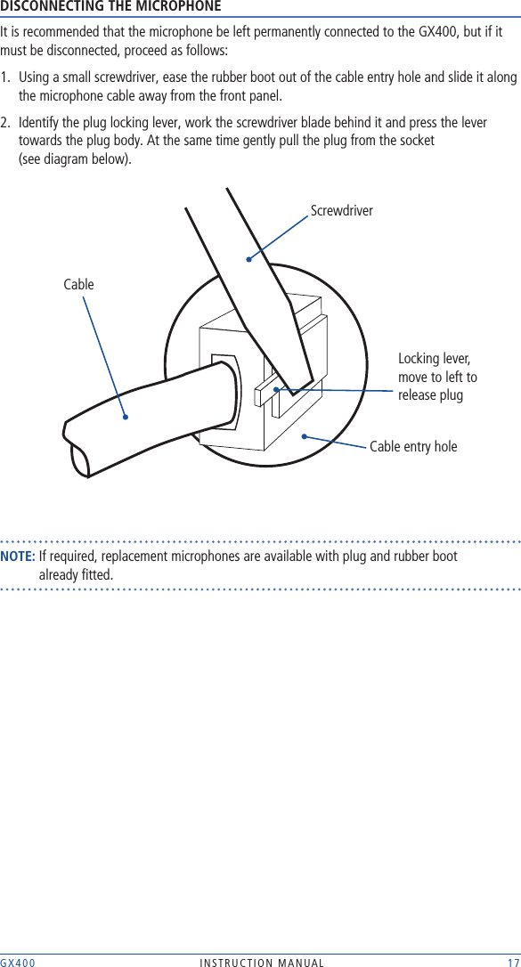 GX400  INSTRUCTION MANUAL    17DISCONNECTING THE MICROPHONEIt is recommended that the microphone be left permanently connected to the GX400, but if it must be disconnected, proceed as follows: 1.   Using a small screwdriver, ease the rubber boot out of the cable entry hole and slide it along the microphone cable away from the front panel.  2.   Identify the plug locking lever, work the screwdriver blade behind it and press the lever towards the plug body. At the same time gently pull the plug from the socket  (see diagram below).NOTE: If required, replacement microphones are available with plug and rubber boot    already ﬁtted.CableCable entry holeScrewdriverLocking lever,  move to left to release plug