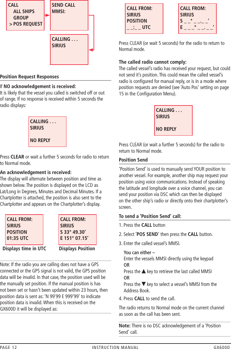 Position Request ResponsesIf NO acknowledgement is received: It is likely that the vessel you called is switched off or out  of range. If no response is received within 5 seconds the radio displays: Press CLEAR or wait a further 5 seconds for radio to return to Normal mode.An acknowledgement is received: The display will alternate between position and time as shown below. The position is displayed on the LCD as Lat/Long in Degrees, Minutes and Decimal Minutes. If a Chartplotter is attached, the position is also sent to the Chartplotter and appears on the Chartplotter’s display.Note: If the radio you are calling does not have a GPS connected or the GPS signal is not valid, the GPS position data will be invalid. In that case, the position used will be the manually set position. If the manual position is has not been set or hasn’t been updated within 23 hours, then position data is sent as: ‘N 99`99 E 999’99’ to indicate position data is invalid. When this is received on the GX600D it will be displayed as:Press CLEAR (or wait 5 seconds) for the radio to return to Normal mode.  The called radio cannot comply: The called vessel’s radio has received your request, but could not send it’s position. This could mean the called vessel’s radio is conﬁgured for manual reply, or is in a mode where position requests are denied (see ‘Auto Pos’ setting on page 15 in the Conﬁguration Menu).        Press CLEAR (or wait a further 5 seconds) for the radio to return to Normal mode.Position Send‘Position Send’ is used to manually send YOUR position to another vessel. For example, another ship may request your position using voice communications. Instead of speaking the latitude and longitude over a voice channel, you can send your position via DSC which can then be displayed  on the other ship’s radio or directly onto their chartplotter’s screen.To send a ‘Position Send’ call:1. Press the CALL button2. Select ‘POS SEND’ then press the CALL button.3.  Enter the called vessel’s MMSI.     You can either – Enter the vessels MMSI directly using the keypad OR Press the   key to retrieve the last called MMSI  OR Press the   key to select a vessel’s MMSI from the Address Book.4. Press CALL to send the call.The radio returns to Normal mode on the current channel  as soon as the call has been sent.Note: There is no DSC acknowledgement of a ‘Position Send’ call.PAGE 12  INSTRUCTION MANUAL  GX600DCALLING . . . SIRIUS  NO REPLYCALL FROM: SIRIUS POSITION 01:35 UTCDisplays time in UTCCALL FROM: SIRIUS S 33° 49.30’ E 151° 07.15’Displays PositionCALL FROM: SIRIUS POSITION _ _:_ _ UTCCALL FROM: SIRIUS S _ _° _ _._ _’ E _ _ _° _ _. _ _’CALL   ALL SHIPS      GROUP  &gt; POS REQUESTSEND CALL     MMSI:CALLING . . . SIRIUSCALLING . . . SIRIUS  NO REPLY