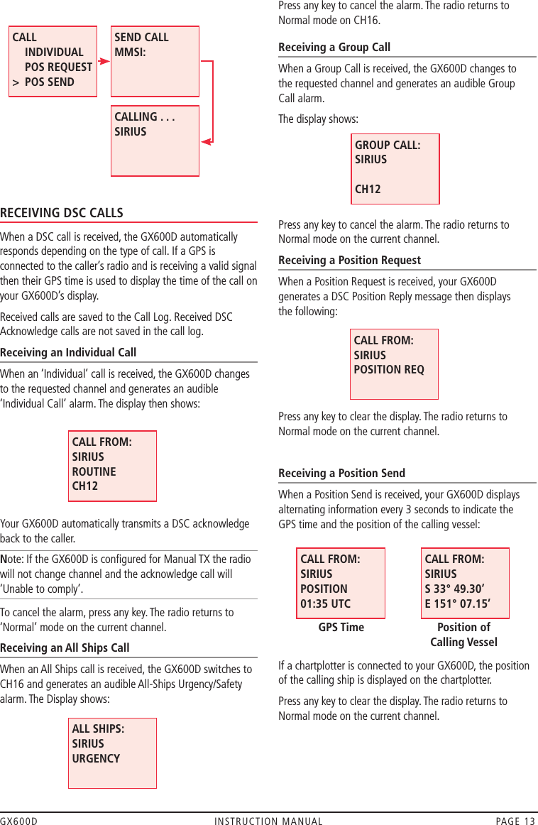 GX600D  INSTRUCTION MANUAL  PAGE 13              RECEIVING DSC CALLSWhen a DSC call is received, the GX600D automatically responds depending on the type of call. If a GPS is connected to the caller’s radio and is receiving a valid signal then their GPS time is used to display the time of the call on your GX600D’s display. Received calls are saved to the Call Log. Received DSC Acknowledge calls are not saved in the call log.Receiving an Individual CallWhen an ‘Individual’ call is received, the GX600D changes to the requested channel and generates an audible ‘Individual Call’ alarm. The display then shows: Your GX600D automatically transmits a DSC acknowledge back to the caller.Note: If the GX600D is conﬁgured for Manual TX the radio will not change channel and the acknowledge call will ‘Unable to comply’.To cancel the alarm, press any key. The radio returns to ‘Normal’ mode on the current channel.Receiving an All Ships Call When an All Ships call is received, the GX600D switches to CH16 and generates an audible All-Ships Urgency/Safety alarm. The Display shows:Press any key to cancel the alarm. The radio returns to Normal mode on CH16.Receiving a Group CallWhen a Group Call is received, the GX600D changes to  the requested channel and generates an audible Group  Call alarm.The display shows:Press any key to cancel the alarm. The radio returns to Normal mode on the current channel.Receiving a Position RequestWhen a Position Request is received, your GX600D generates a DSC Position Reply message then displays  the following:Press any key to clear the display. The radio returns to Normal mode on the current channel.Receiving a Position SendWhen a Position Send is received, your GX600D displays alternating information every 3 seconds to indicate the  GPS time and the position of the calling vessel: If a chartplotter is connected to your GX600D, the position of the calling ship is displayed on the chartplotter.Press any key to clear the display. The radio returns to Normal mode on the current channel.    CALL FROM: SIRIUS ROUTINE CH12GROUP CALL: SIRIUS  CH12CALL   INDIVIDUAL     POS REQUEST  &gt;  POS SEND SEND CALL MMSI:CALLING . . .  SIRIUS ALL SHIPS: SIRIUS URGENCY CALL FROM: SIRIUS POSITION REQCALL FROM: SIRIUS POSITION 01:35 UTCGPS TimeCALL FROM: SIRIUS S 33° 49.30’ E 151° 07.15’Position of Calling Vessel