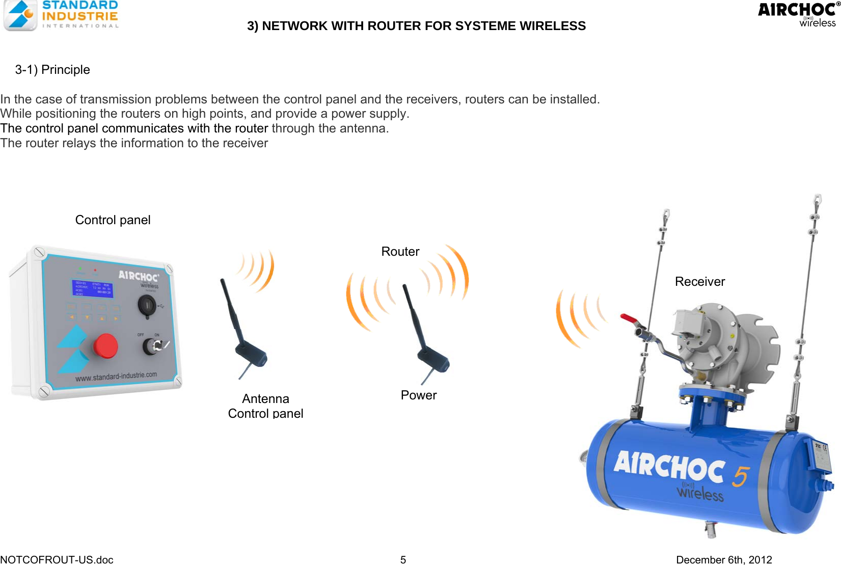   NOTCOFROUT-US.doc 5        December 6th, 2012 3) NETWORK WITH ROUTER FOR SYSTEME WIRELESS    3-1) Principle  In the case of transmission problems between the control panel and the receivers, routers can be installed. While positioning the routers on high points, and provide a power supply. The control panel communicates with the router through the antenna. The router relays the information to the receiver                  Antenna Control panel  Router Receiver  Control panel Power 