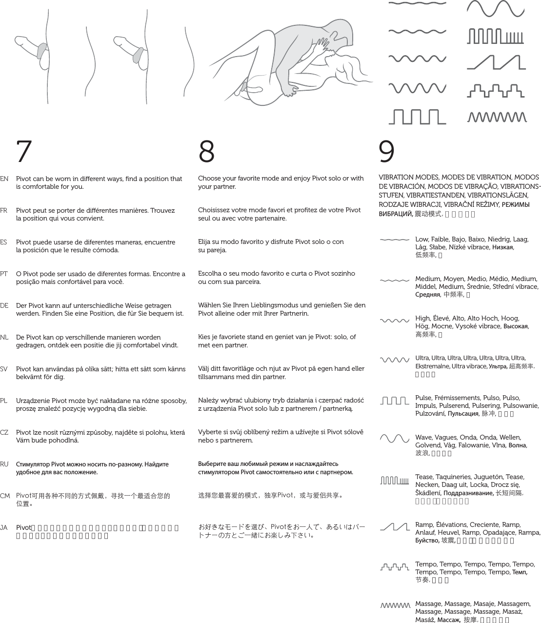 7Choose your favorite mode and enjoy Pivot solo or with your partner.Choisissez votre mode favori et proﬁtez de votre Pivot seul ou avec votre partenaire.Elija su modo favorito y disfrute Pivot solo o con  su pareja.Escolha o seu modo favorito e curta o Pivot sozinho  ou com sua parceira.Wählen Sie Ihren Lieblingsmodus und genießen Sie den Pivot alleine oder mit Ihrer Partnerin.Kies je favoriete stand en geniet van je Pivot: solo, of met een partner.Välj ditt favoritläge och njut av Pivot på egen hand eller tillsammans med din partner.Należy wybrać ulubiony tryb działania i czerpać radość z urządzenia Pivot solo lub z partnerem / partnerką.Vyberte si svůj oblíbený režim a užívejte si Pivot sólově nebo s partnerem.Выберите ваш любимый режим и наслаждайтесь стимулятором Pivot самостоятельно или с партнером.˞ՊǷŖǛıĀ٣К뻟ћǃ2KXQV뻟ͱȉıଃդǃ뺯섥Č섨셅솰쉯솗셭˜셎뺮2KXQV셭섥Ăĉ셂뺮석셦섟셊솟쉯솖솘쉯셉ƶ셃섯Ăࣤ셆섥䯤섲셚Ī섰섟뺯9Pivot can be worn in dierent ways, ﬁnd a position that is comfortable for you.Pivot peut se porter de diérentes manières. Trouvez  la position qui vous convient.Pivot puede usarse de diferentes maneras, encuentre  la posición que le resulte cómoda.O Pivot pode ser usado de diferentes formas. Encontre a posição mais confortável para você.Der Pivot kann auf unterschiedliche Weise getragen werden. Finden Sie eine Position, die für Sie bequem ist.De Pivot kan op verschillende manieren worden gedragen, ontdek een positie die jij comfortabel vindt.Pivot kan användas på olika sätt; hitta ett sätt som känns bekvämt för dig.Urządzenie Pivot może być nakładane na różne sposoby, proszę znaleźć pozycję wygodną dla siebie.Pivot lze nosit různými způsoby, najděte si polohu, která Vám bude pohodlná.Стимулятор Pivot можно носить по-разному. Найдите удобное для вас положение.2KXQVĻůͨƞăǜĀƶКೲਗ뻟ߜˣĂċŖҒʸǷĀʞٝ뺯Pivotはいろいろな装着方法がありますので、ご自分に快適なポジションを見つけて下さい。8VIBRATION MODES, MODES DE VIBRATION, MODOS DE VIBRACIÓN, MODOS DE VIBRAÇÃO, VIBRATIONSSTUFEN, VIBRATIESTANDEN, VIBRATIONSLÄGEN, RODZAJE WIBRACJI, VIBRAČNÍ REŽIMY, РЕЖИМЫ ВИБРАЦИЙ, ࣱƛ٣К振動モードLow, Faible, Bajo, Baixo, Niedrig, Laag, Låg, Słabe, Nízké vibrace, Низкая,  ӣӤ߁, 低Medium, Moyen, Medio, Médio, Medium, Middel, Medium, Średnie, Střední vibrace, Средняя, ġӤ߁, 中High, Élevé, Alto, Alto Hoch, Hoog,  Hög, Mocne, Vysoké vibrace, Высокая,  ƬӤ߁, 高Ultra, Ultra, Ultra, Ultra, Ultra, Ultra, Ultra, Ekstremalne, Ultra vibrace, Ультра, ɸƬӤ߁ウルトラPulse, Frémissements, Pulso, Pulso, Impuls, Pulserend, Pulsering, Pulsowanie, Pulzování, Пульсация, ໢ڮ, パルスWave, Vagues, Onda, Onda, Wellen, Golvend, Våg, Falowanie, Vlna, Волна,  ࡌ̨, ウェーブTease, Taquineries, Juguetón, Tease, Necken, Daag uit, Locka, Drocz się, Škádlení, Поддразнивание, ǥҽǎ঴ティーズ（くすぐり）Ramp, Élévations, Creciente, Ramp, Anlauf, Heuvel, Ramp, Opadające, Rampa, Буйство, ะࣱ, ランプ（暴れリズム） Tempo, Tempo, Tempo, Tempo, Tempo, Tempo, Tempo, Tempo, Tempo, Темп,  Ά൉テンポMassage, Massage, Masaje, Massagem,  Massage, Massage, Massage, Masaż, Masáž, Массаж,  ܍ठマッサージENFRESPTDENLSVPLCZRUCMJA