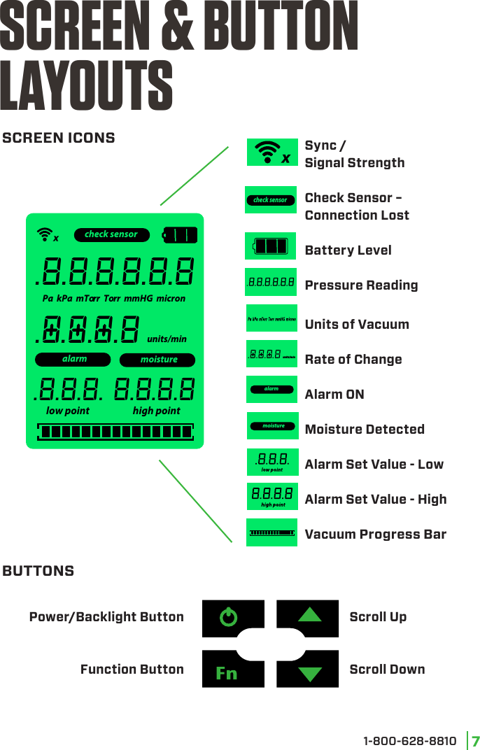 1-800-628-8810 71/4&quot; Female-to-Female Adaptercheck sensorPa  kPa  mTorr  Torr  mmHG  micronalarm moisturelow point high pointunits/min.8.8.8.8.8.8.0.0.0.8.8.8.8. 8.8.8.8check sensorunits/min.0.0.0.8alarmmoistureSync / Signal StrengthCheck Sensor – Connection LostBattery LevelPressure ReadingUnits of VacuumRate of ChangeAlarm ONMoisture DetectedAlarm Set Value - LowAlarm Set Value - HighVacuum Progress BarSCREEN &amp; BUTTONLAYOUTSSCREEN ICONSScroll UpScroll DownBUTTONSPower/Backlight ButtonFunction Button