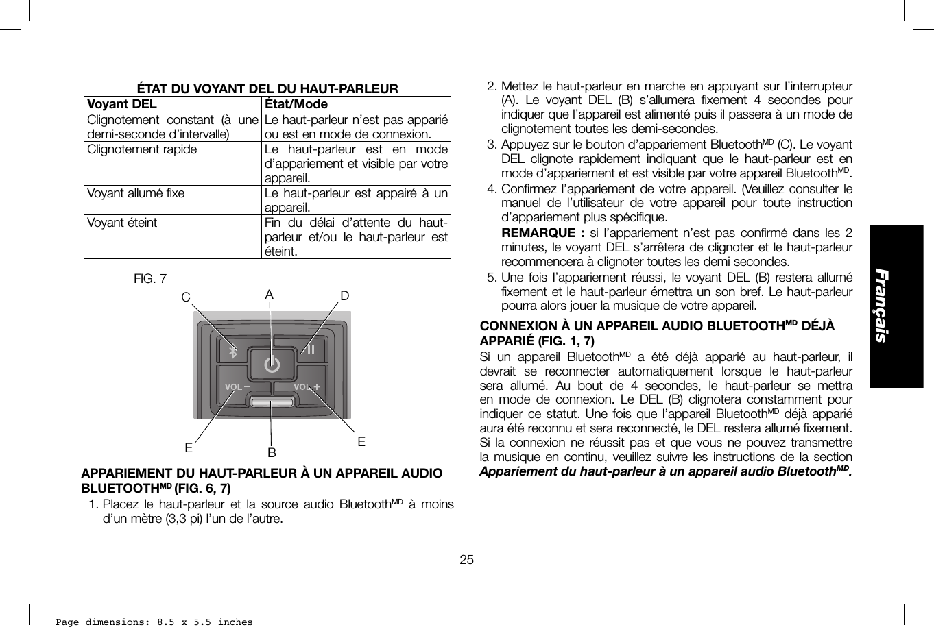 Page dimensions: 8.5 x 5.5 inches25Français  2. Mettez le haut-parleur en marche en appuyant sur l’interrupteur (A). Le voyant DEL (B) s’allumera fixement 4 secondes pour indiquer que l’appareil est alimenté puis il passera à un mode de clignotement toutes les demi-secondes.  3. Appuyez sur le bouton d’appariement BluetoothMD (C). Le voyant DEL clignote rapidement indiquant que le haut-parleur est en mode d’appariement et est visible par votre appareil BluetoothMD.  4. Confirmez l’appariement de votre appareil. (Veuillez consulter le manuel de l’utilisateur de votre appareil pour toute instruction d’appariement plus spécifique.  REMARQUE : si l’appariement n’est pas confirmé dans les 2 minutes, le voyant DEL s’arrêtera de clignoter et le haut-parleur recommencera à clignoter toutes les demi secondes.  5. Une fois l’appariement réussi, le voyant DEL (B) restera allumé fixement et le haut-parleur émettra un son bref. Le haut-parleur pourra alors jouer la musique de votre appareil.CONNEXION À UN APPAREIL AUDIO BLUETOOTHMD DÉJÀ APPARIÉ (FIG. 1, 7)Si un appareil BluetoothMD a été déjà apparié au haut-parleur, il devrait se reconnecter automatiquement lorsque le haut-parleur sera allumé. Au bout de 4 secondes, le haut-parleur se mettra en mode de connexion. Le DEL (B) clignotera constamment pour indiquer ce statut. Une fois que l’appareil BluetoothMD déjà apparié aura été reconnu et sera reconnecté, le DEL restera allumé fixement. Si la connexion ne réussit pas et que vous ne pouvez transmettre la musique en continu, veuillez suivre les instructions de la section Appariement du haut-parleur à un appareil audio BluetoothMD.ÉTAT DU VOYANT DEL DU HAUT-PARLEUR Voyant DEL État/ModeClignotement constant (à une demi-seconde d’intervalle) Le haut-parleur n’est pas apparié ou est en mode de connexion.Clignotement rapide Le  haut-parleur est en mode d’appariement et visible par votre appareil.Voyant allumé fixe Le haut-parleur est appairé à un appareil.Voyant éteint Fin du délai d’attente du haut-parleur et/ou le haut-parleur est éteint.FIG. 7CEEDBAAPPARIEMENT DU HAUT-PARLEUR À UN APPAREIL AUDIO BLUETOOTHMD (FIG.6, 7) 1. Placez le haut-parleur et la source audio BluetoothMD à moins d’un mètre (3,3pi) l’un de l’autre.