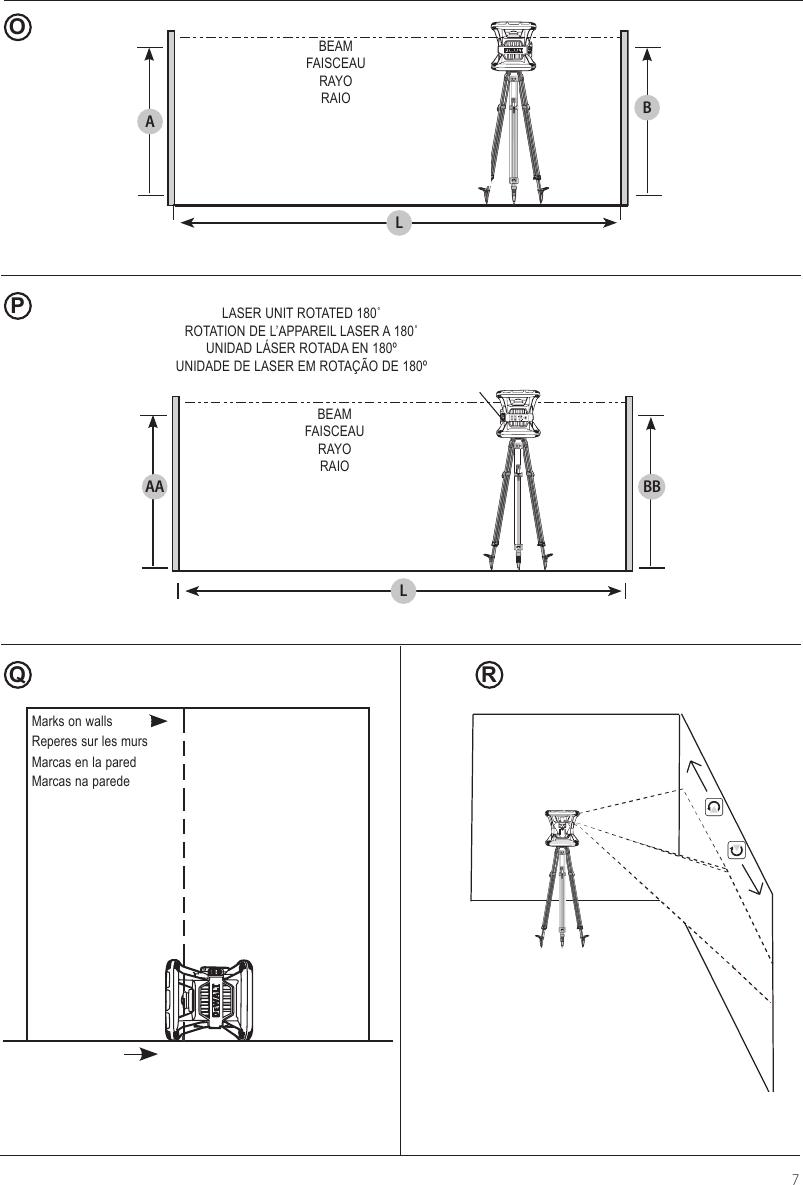 BEAM FAISCEAU RAYO RAIOABLMarks on wallsReperes sur les murs Marcas en la paredMarcas na paredeLASER UNIT ROTATED 180˚ ROTATION DE L’APPAREIL LASER A 180˚ UNIDAD LÁSER ROTADA EN 180º UNIDADE DE LASER EM ROTAÇÃO DE 180ºBEAM FAISCEAU RAYO RAIOBBLAAOPQ R7