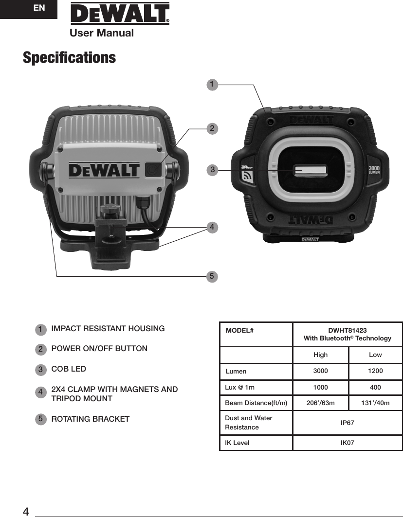 4ENUser ManualSpeciﬁcations MODEL# DWHT81423With Bluetooth® TechnologyHigh LowLumen 3000 1200Lux @ 1m  1000 400Beam Distance(ft/m) 206’/63m 131’/40mDust and Water Resistance IP67IK Level IK0721354IMPACT RESISTANT HOUSINGPOWER ON/OFF BUTTONCOB LED2X4 CLAMP WITH MAGNETS AND TRIPOD MOUNTROTATING BRACKET 21354