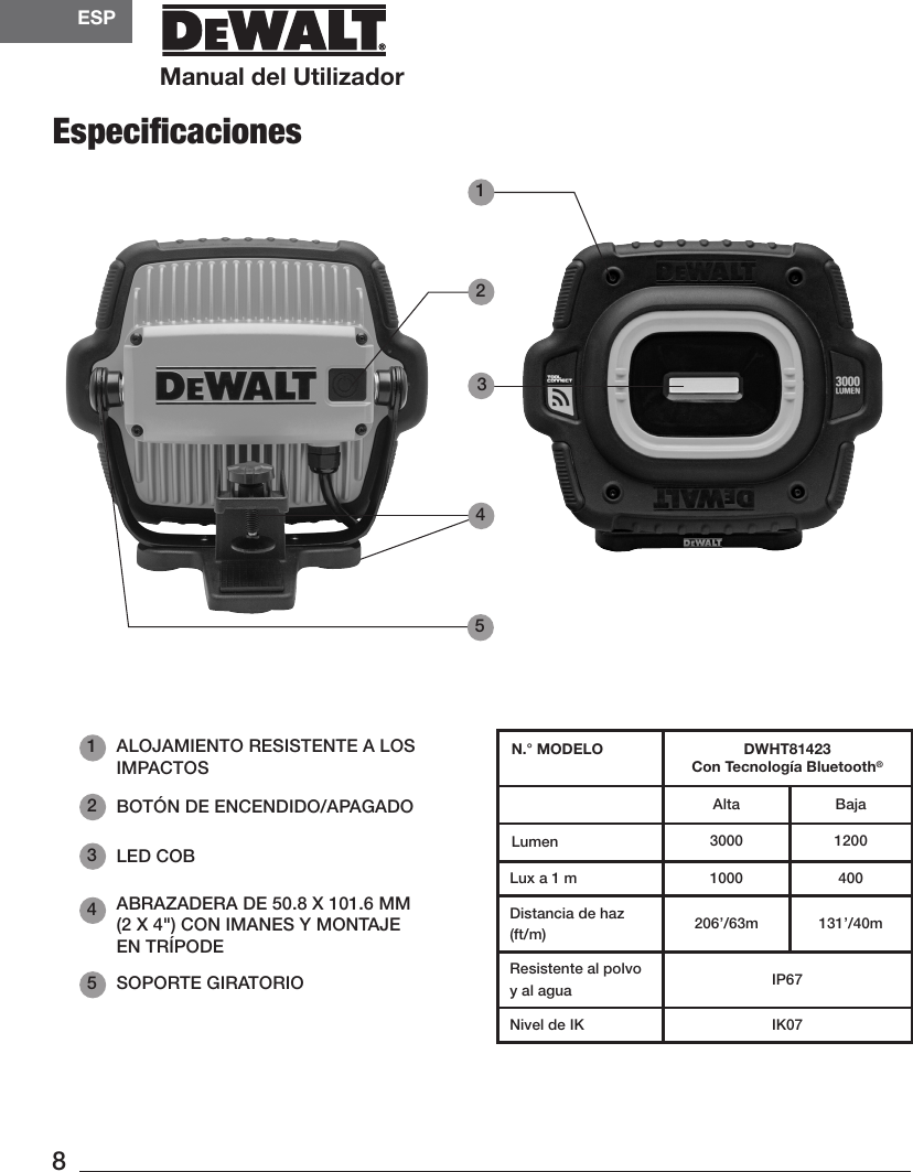 Manual del UtilizadorESP8Especiﬁcaciones21354ALOJAMIENTO RESISTENTE A LOS IMPACTOSBOTÓN DE ENCENDIDO/APAGADOLED COBABRAZADERA DE 50.8 X 101.6 MM (2 X 4&quot;) CON IMANES Y MONTAJE EN TRÍPODESOPORTE GIRATORION.° MODELO DWHT81423Con Tecnología Bluetooth®Alta BajaLumen 3000 1200Lux a 1 m 1000 400Distancia de haz (ft/m) 206’/63m 131’/40mResistente al polvo y al agua IP67Nivel de IK IK0721354