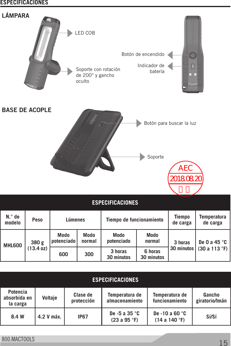 Page 16 of Stanley Black and Decker MHL600DOCK Charging Dock of Inspection LED Light User Manual 