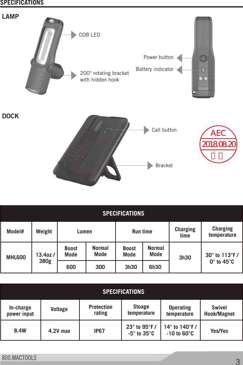 Page 4 of Stanley Black and Decker MHL600DOCK Charging Dock of Inspection LED Light User Manual 