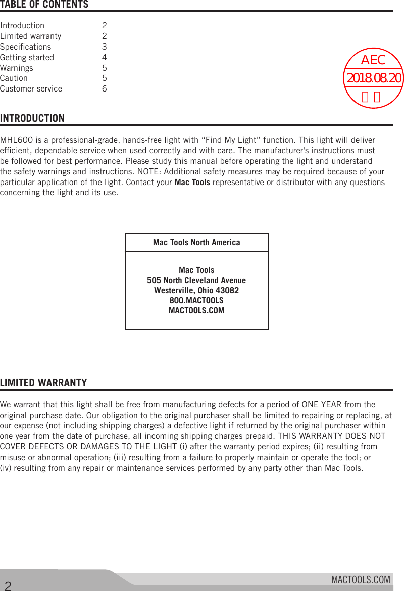 Page 3 of Stanley Black and Decker MHL600LAMP Inspection LED Light User Manual 