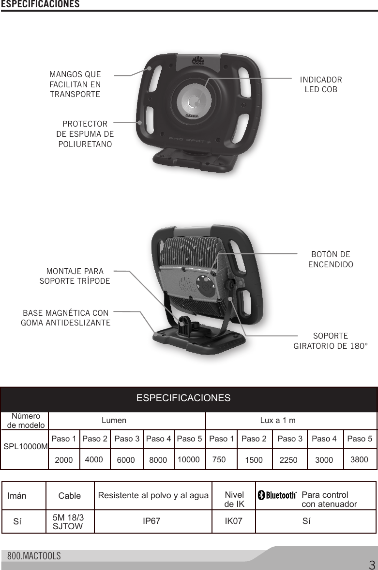  800.MACTOOLS 3ESPECIFICACIONES ESPECIFICACIONESNúmero  de modelo Lumen Lux a 1 mPaso 1 Paso 1Paso 3 Paso 3Paso 2 Paso 2Paso 4 Paso 4Paso 5 Paso 5SPL10000M2000 60004000 8000 10000 750 1500 2250 3000 3800Imán Resistente al polvo y al agua  Para control con atenuadorSíIK07Nivel  de IKIP67Cable5M 18/3SJTOWSíINDICADOR LED COBPROTECTOR DE ESPUMA DE POLIURETANOMANGOS QUE FACILITAN EN TRANSPORTEBOTÓN DE ENCENDIDOBASE MAGNÉTICA CON GOMA ANTIDESLIZANTEMONTAJE PARA SOPORTE TRÍPODESOPORTE  GIRATORIO DE 180°