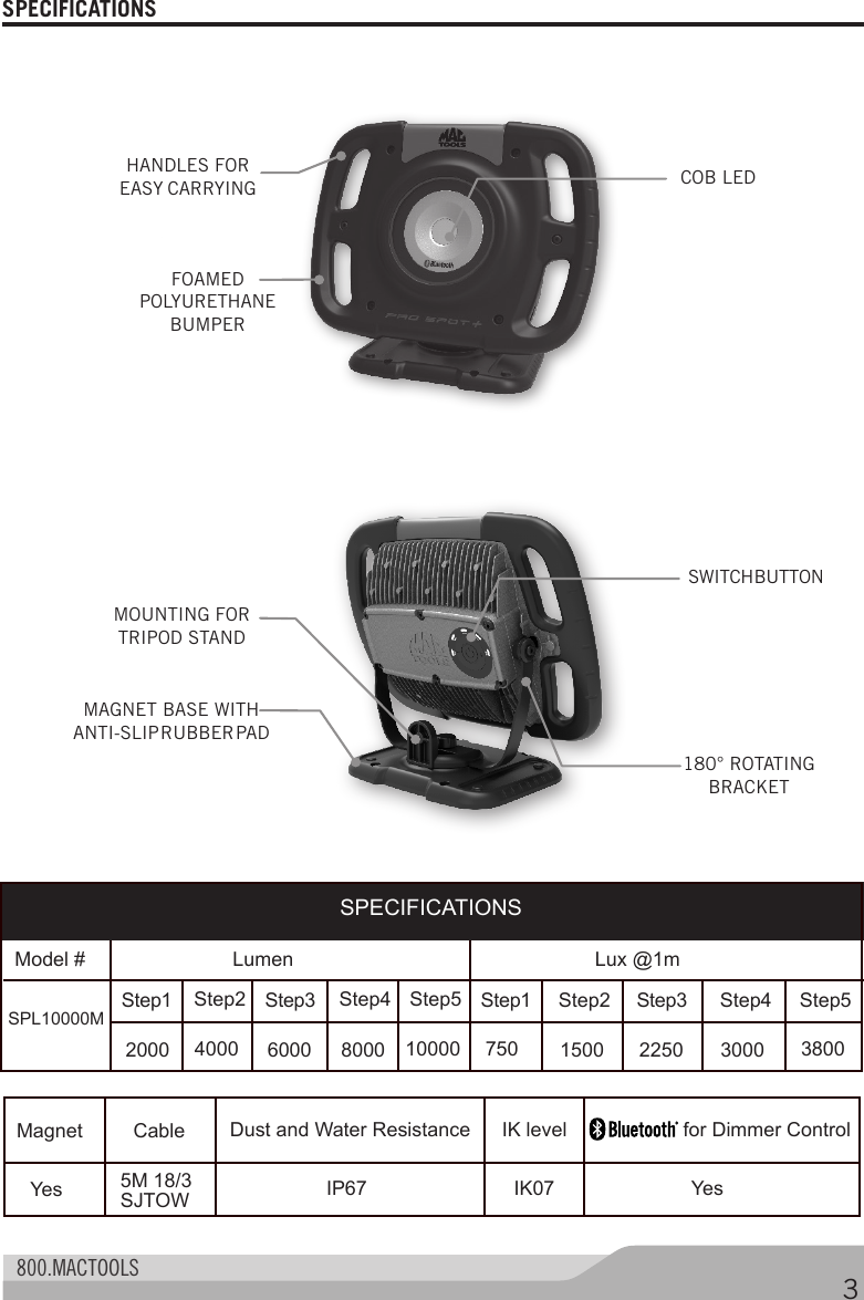  800.MACTOOLS 3SPECIFICATIONS SPECIFICATIONSModel # Lumen Lux @1mStep1 Step1Step3 Step3Step2 Step2Step4 Step4Step5 Step5SPL10000M2000 60004000 8000 10000 750 1500 2250 3000 3800Magnet Dust and Water Resistance   for Dimmer ControlYesIK07IK levelIP67Cable5M 18/3SJTOWYesCOB LEDFOAMED POLYURETHANE BUMPERHANDLES FOR EASY CARRYINGSWITCH BUTTONMAGNET BASE WITH ANTI-SLIP RUBBER PADMOUNTING FOR TRIPOD STAND180° ROTATING BRACKET