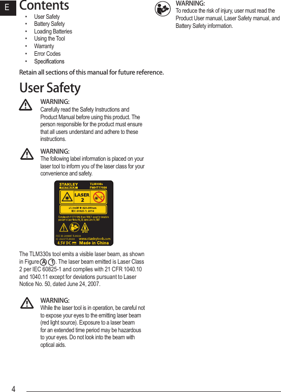 Page 4 of Stanley Black and Decker TLM330 Laser Distance Measurer User Manual TLM330S User Manual NA indd