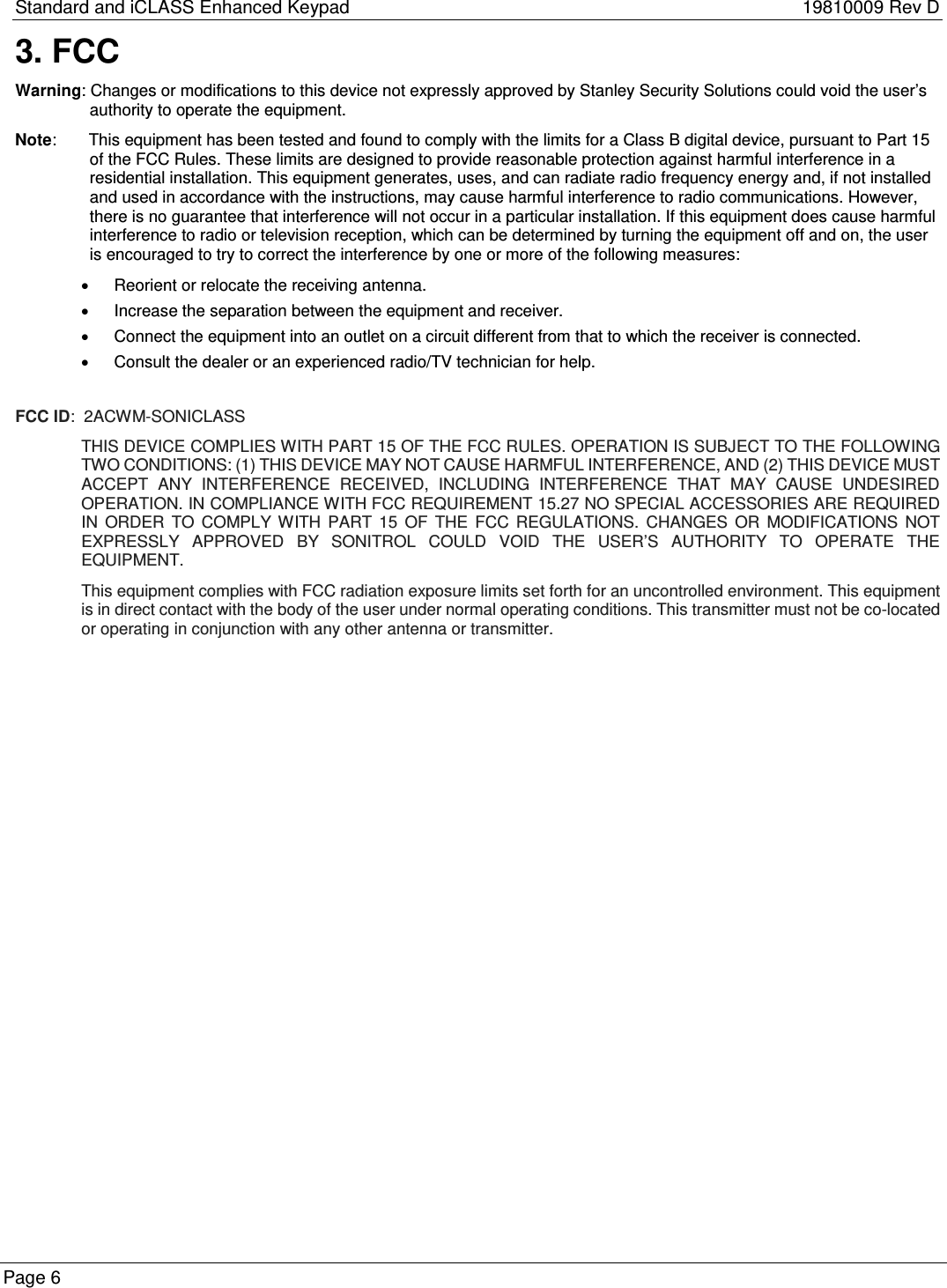 Stanley Convergent Security Solutions SONICLASS Sonitrol iClass Keypad