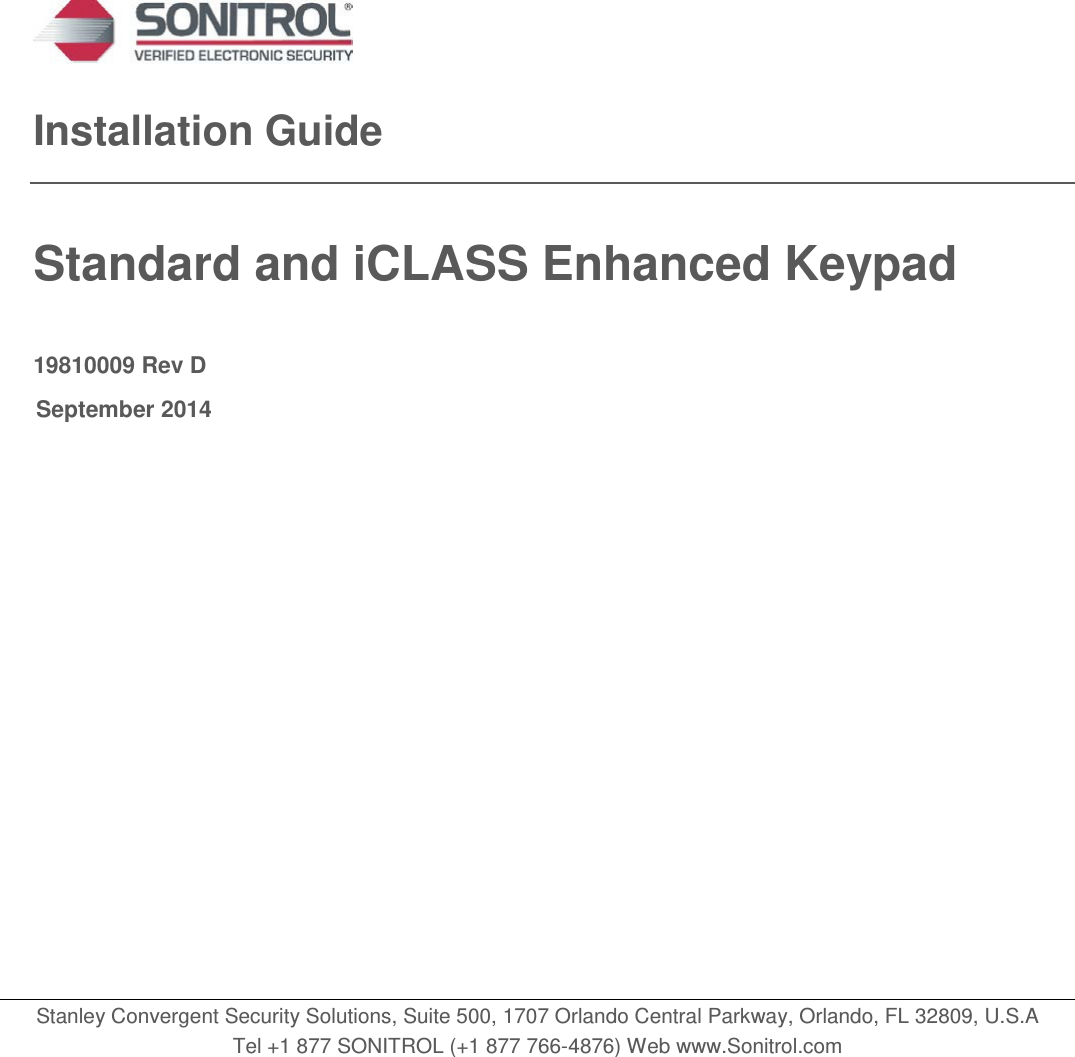 Stanley Convergent Security Solutions SONICLASS Sonitrol iClass Keypad