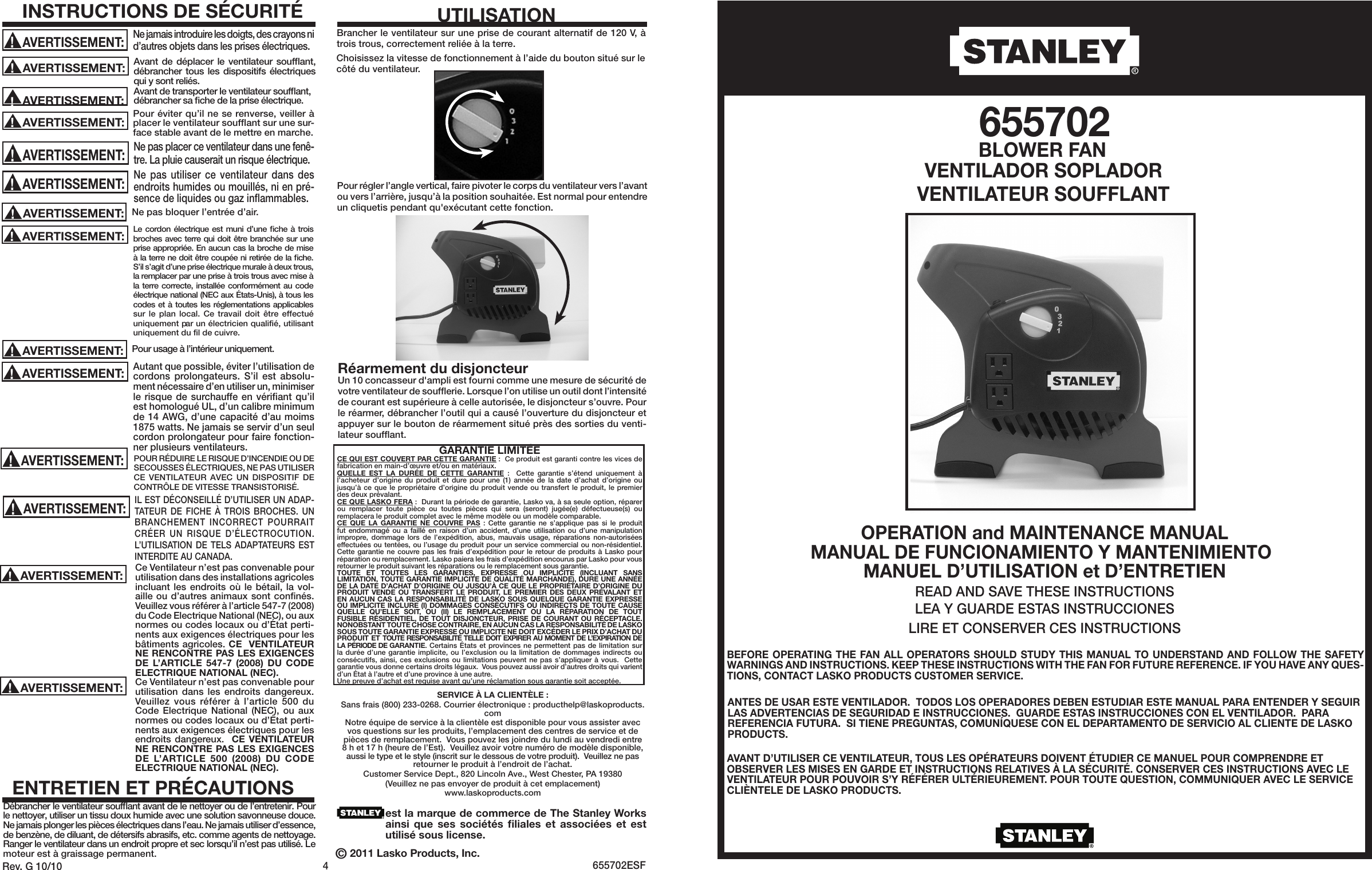 Page 1 of 2 - Stanley-Hardware Stanley-Hardware-Blower-Fan-655702-Users-Manual-  Stanley-hardware-blower-fan-655702-users-manual