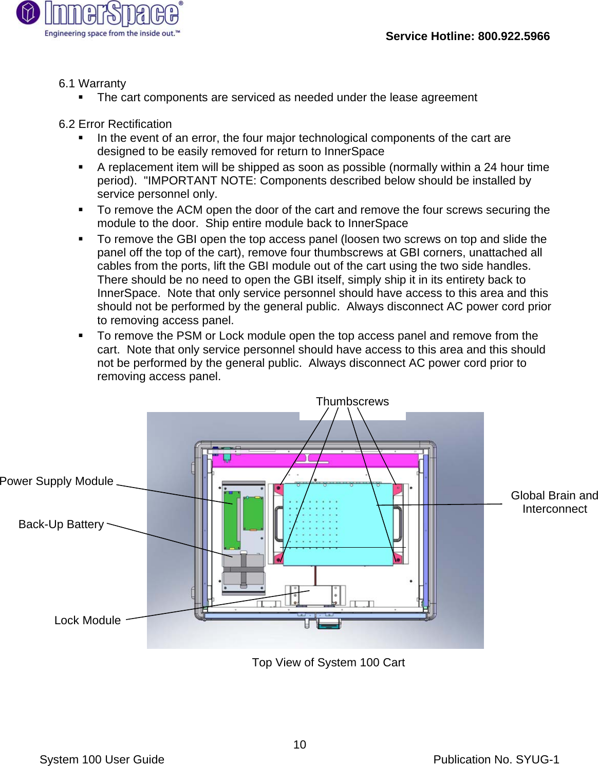           Service Hotline: 800.922.5966                System 100 User Guide           Publication No. SYUG-1     10 6.1 Warranty   The cart components are serviced as needed under the lease agreement  6.2 Error Rectification    In the event of an error, the four major technological components of the cart are designed to be easily removed for return to InnerSpace    A replacement item will be shipped as soon as possible (normally within a 24 hour time period).  &quot;IMPORTANT NOTE: Components described below should be installed by service personnel only.   To remove the ACM open the door of the cart and remove the four screws securing the module to the door.  Ship entire module back to InnerSpace   To remove the GBI open the top access panel (loosen two screws on top and slide the panel off the top of the cart), remove four thumbscrews at GBI corners, unattached all cables from the ports, lift the GBI module out of the cart using the two side handles.  There should be no need to open the GBI itself, simply ship it in its entirety back to InnerSpace.  Note that only service personnel should have access to this area and this should not be performed by the general public.  Always disconnect AC power cord prior to removing access panel.    To remove the PSM or Lock module open the top access panel and remove from the cart.  Note that only service personnel should have access to this area and this should not be performed by the general public.  Always disconnect AC power cord prior to removing access panel.                                                 Power Supply Module  Back-Up Battery Global Brain and Interconnect Lock Module Thumbscrews Top View of System 100 Cart 