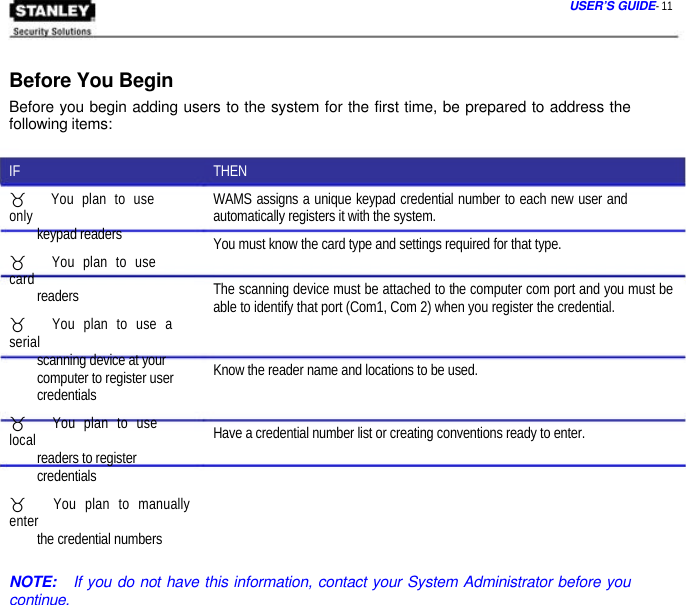  USER’S GUIDE- 11    Before You Begin  Before you begin adding users to the system for the first time, be prepared to address the following items:  IF _   You plan to use only   keypad readers _   You plan to use card   readers _   You plan to use a serial   scanning device at your computer to register user credentials _   You plan to use local   readers to register credentials _   You plan to manually enter   the credential numbers  THEN WAMS assigns a unique keypad credential number to each new user and automatically registers it with the system. You must know the card type and settings required for that type.  The scanning device must be attached to the computer com port and you must be able to identify that port (Com1, Com 2) when you register the credential.   Know the reader name and locations to be used.   Have a credential number list or creating conventions ready to enter.   NOTE:   If you do not have this information, contact your System Administrator before you continue.                                         