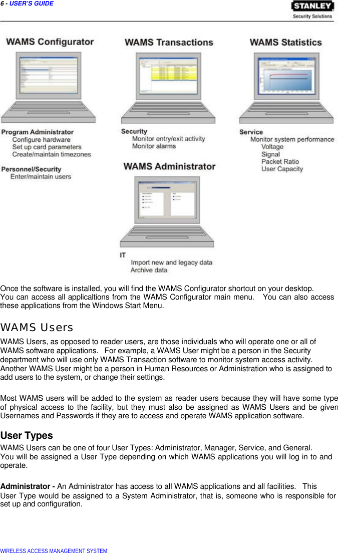  6 - USER’S GUIDE                                 Once the software is installed, you will find the WAMS Configurator shortcut on your desktop.  You can access all applicaltions from the WAMS Configurator main menu.   You can also access these applications from the Windows Start Menu.  WAMS Users  WAMS Users, as opposed to reader users, are those individuals who will operate one or all of WAMS software applications.   For example, a WAMS User might be a person in the Security department who will use only WAMS Transaction software to monitor system access activity. Another WAMS User might be a person in Human Resources or Administration who is assigned to add users to the system, or change their settings.   Most WAMS users will be added to the system as reader users because they will have some type  of physical access to the facility, but they must also be assigned as WAMS Users and be given  Usernames and Passwords if they are to access and operate WAMS application software.  User Types  WAMS Users can be one of four User Types: Administrator, Manager, Service, and General.  You will be assigned a User Type depending on which WAMS applications you will log in to and operate.   Administrator - An Administrator has access to all WAMS applications and all facilities.   This  User Type would be assigned to a System Administrator, that is, someone who is responsible for set up and configuration.       WIRELESS ACCESS MANAGEMENT SYSTEM  