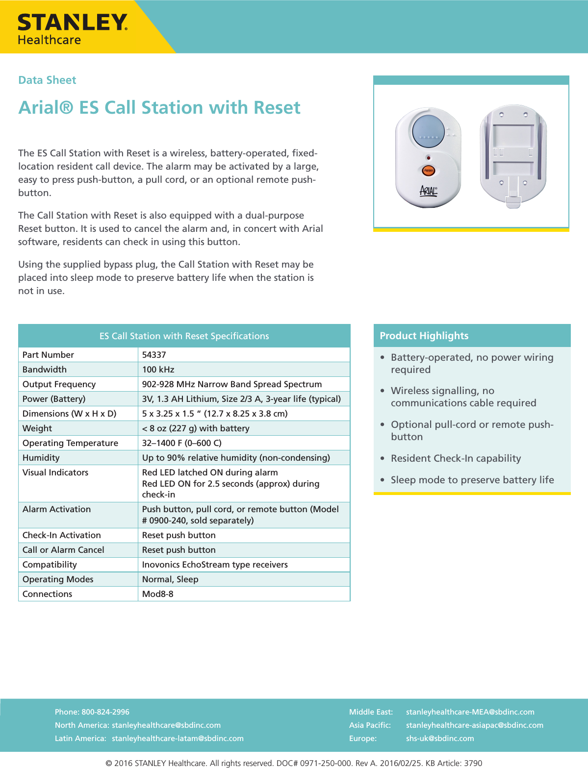 Page 1 of 1 - Stanley Security  Arial ES Call Station With Reset 0971-250-000 Rev A 54337