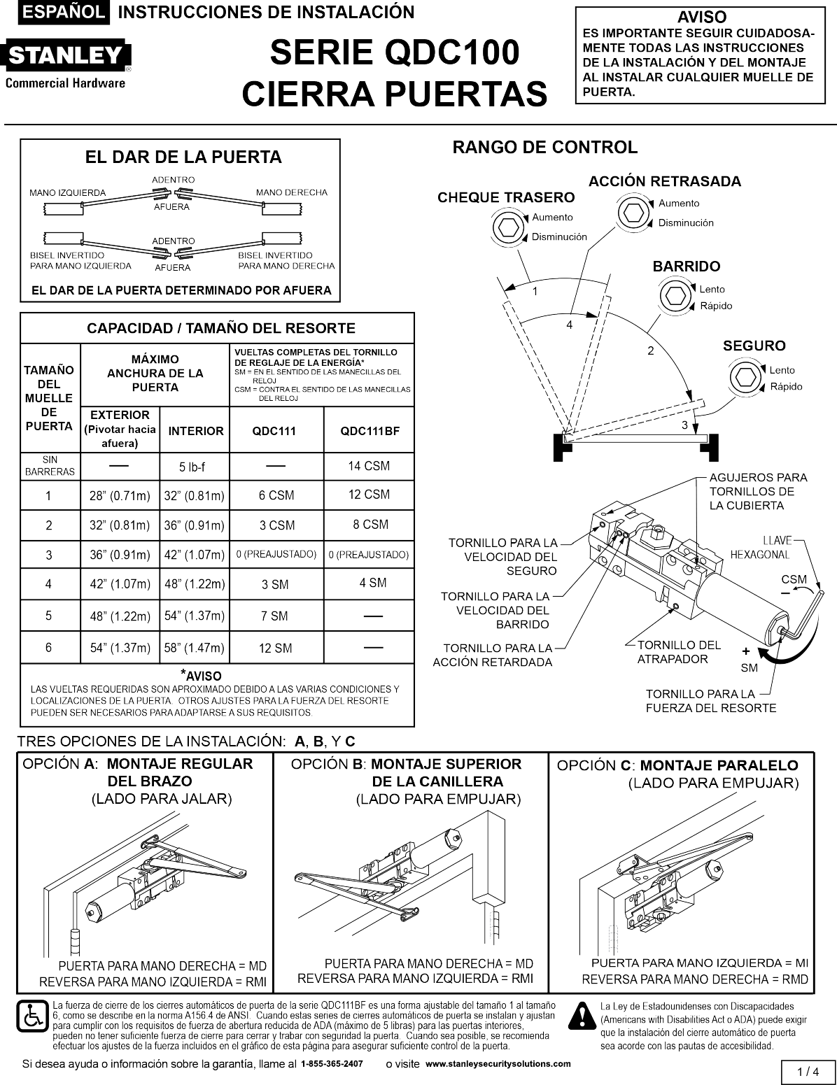 Page 9 of 12 - Stanley Security  QDC100 Series Door Closer Installation Instructions 5043520-04-QDC100Installation