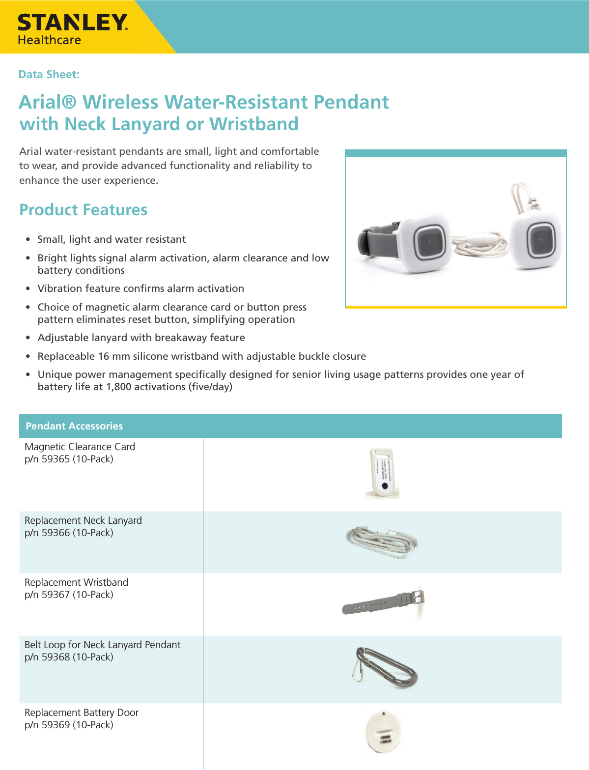 Page 1 of 2 - Stanley Security  Arial Wireless Water-Resistant Pendant With Neck Lanyard Or Wristband Data Sheet Rev A