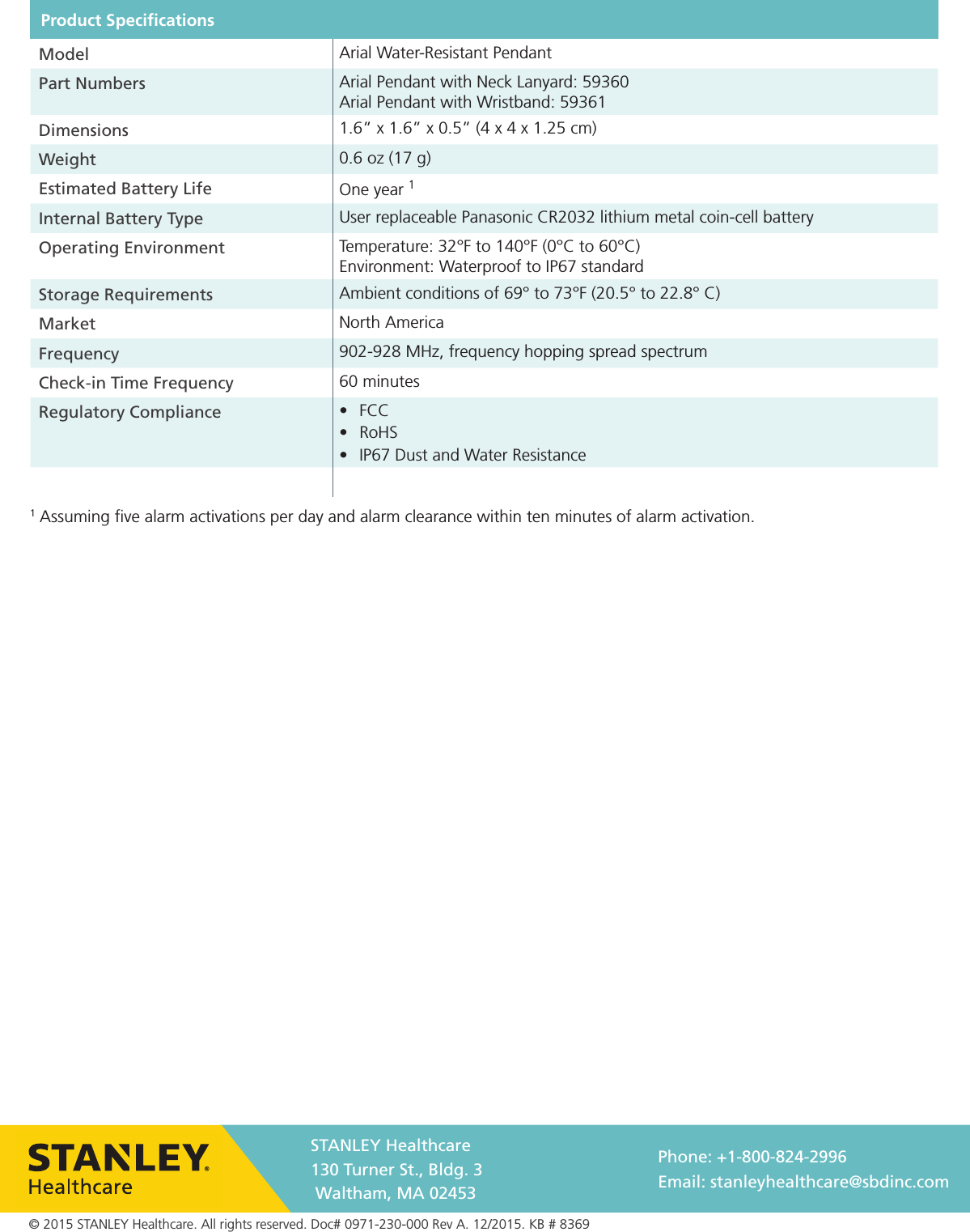 Page 2 of 2 - Stanley Security  Arial Wireless Water-Resistant Pendant With Neck Lanyard Or Wristband Data Sheet Rev A