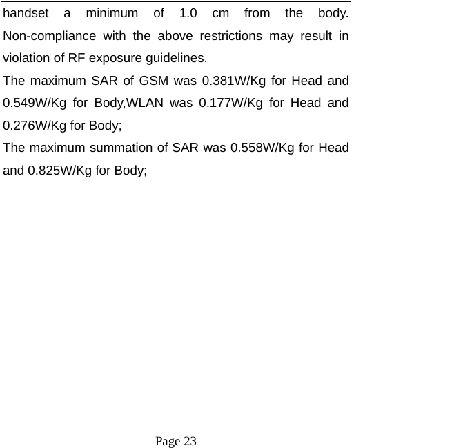  Page 23  handset a minimum of 1.0 cm from the body. Non-compliance with the above restrictions may result in violation of RF exposure guidelines. The maximum SAR of GSM was 0.381W/Kg for Head and 0.549W/Kg for Body,WLAN was 0.177W/Kg for Head and 0.276W/Kg for Body; The maximum summation of SAR was 0.558W/Kg for Head and 0.825W/Kg for Body; 