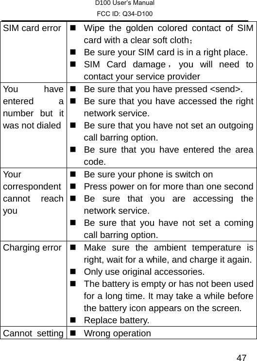 D100 User’s Manual FCC ID: Q34-D100  47SIM card error    Wipe the golden colored contact of SIM card with a clear soft cloth；   Be sure your SIM card is in a right place. SIM Card damage ，you will need to contact your service provider You have entered a number but it was not dialed   Be sure that you have pressed &lt;send&gt;.   Be sure that you have accessed the right network service.     Be sure that you have not set an outgoing call barring option.   Be sure that you have entered the area code. Your correspondent cannot reach you   Be sure your phone is switch on   Press power on for more than one second  Be sure that you are accessing the network service.   Be sure that you have not set a coming call barring option. Charging error    Make sure the ambient temperature is right, wait for a while, and charge it again.   Only use original accessories.   The battery is empty or has not been used for a long time. It may take a while before the battery icon appears on the screen.  Replace battery. Cannot setting  Wrong operation 