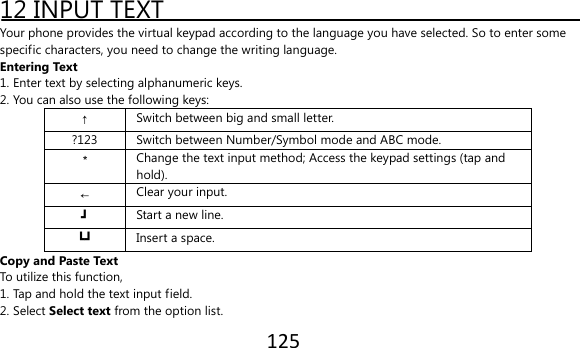 125  12 INPUT TEXT Your phone provides the virtual keypad according to the language you have selected. So to enter some specific characters, you need to change the writing language. Entering Text 1. Enter text by selecting alphanumeric keys. 2. You can also use the following keys: ↑ Switch between big and small letter. ?123 Switch between Number/Symbol mode and ABC mode. ＊ Change the text input method; Access the keypad settings (tap and hold). ← Clear your input. ┛ Start a new line. ┗┛ Insert a space. Copy and Paste Text To utilize this function, 1. Tap and hold the text input field. 2. Select Select text from the option list. 