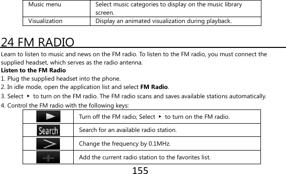 155  Music menu Select music categories to display on the music library screen. Visualization Display an animated visualization during playback.  24 FM RADIO Learn to listen to music and news on the FM radio. To listen to the FM radio, you must connect the supplied headset, which serves as the radio antenna. Listen to the FM Radio 1. Plug the supplied headset into the phone. 2. In idle mode, open the application list and select FM Radio. 3. Select  ▶  to turn on the FM radio. The FM radio scans and saves available stations automatically. 4. Control the FM radio with the following keys:  Turn off the FM radio; Select  ▶  to turn on the FM radio.  Search for an available radio station.  Change the frequency by 0.1MHz.  Add the current radio station to the favorites list. 