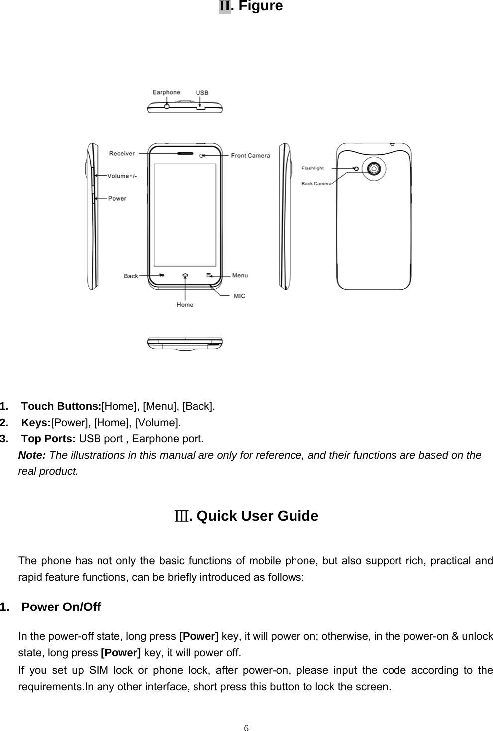  6ІІ. Figure  1. Touch Buttons:[Home], [Menu], [Back]. 2. Keys:[Power], [Home], [Volume]. 3. Top Ports: USB port , Earphone port. Note: The illustrations in this manual are only for reference, and their functions are based on the real product.   Ⅲ. Quick User Guide The phone has not only the basic functions of mobile phone, but also support rich, practical and rapid feature functions, can be briefly introduced as follows: 1. Power On/Off  In the power-off state, long press [Power] key, it will power on; otherwise, in the power-on &amp; unlock state, long press [Power] key, it will power off.   If you set up SIM lock or phone lock, after power-on, please input the code according to the requirements.In any other interface, short press this button to lock the screen. 